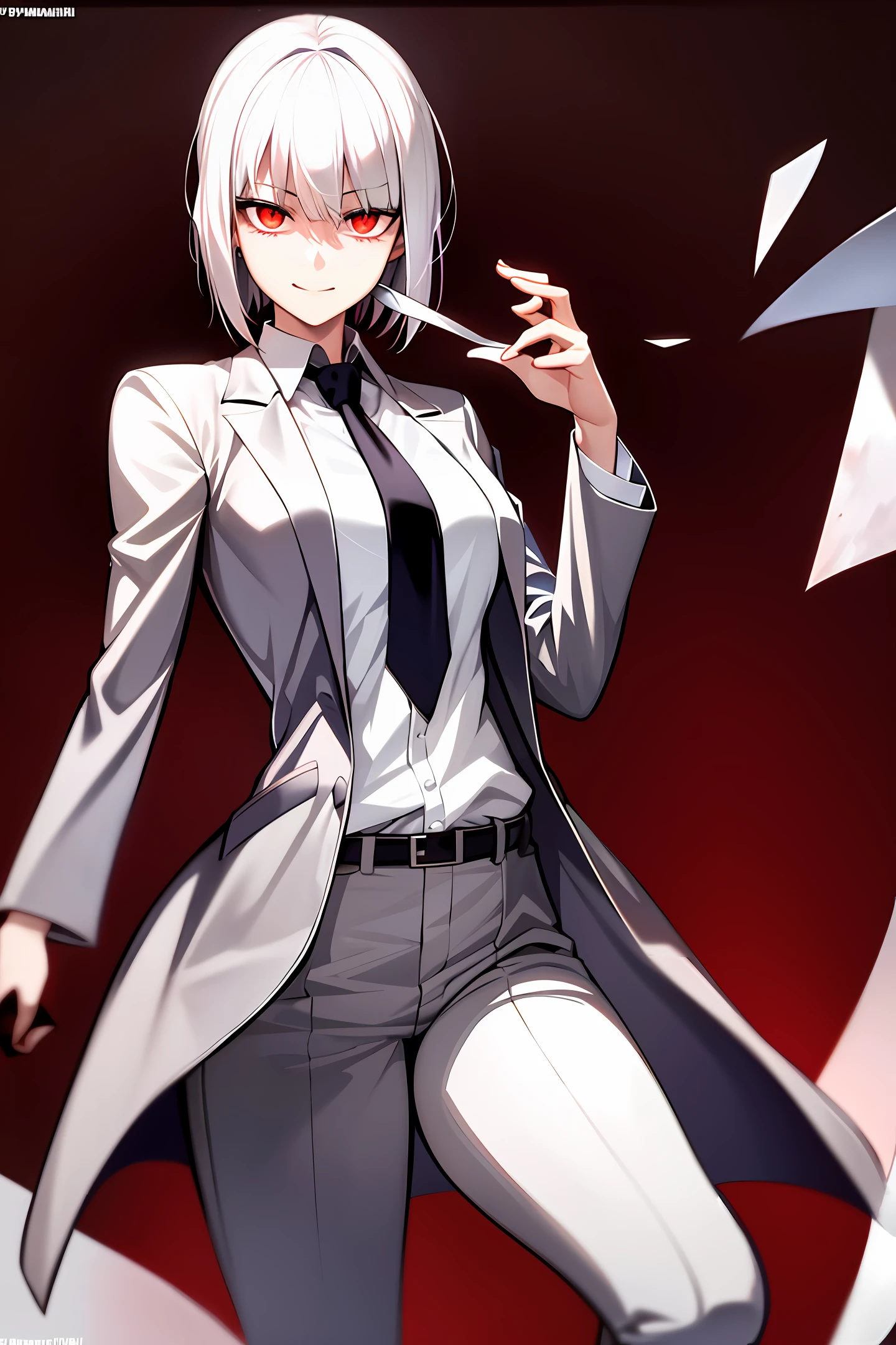 Makima \(Chainsaw Man\), best quality, ultra detailed, 1girl, solo, standing, white hair, short hair, red eyes, bangs, medium breasts, white shirt, tie, look, evil smile, looking at the viewer, (interview: 1.3) , masterpiece, yandere, overcoat