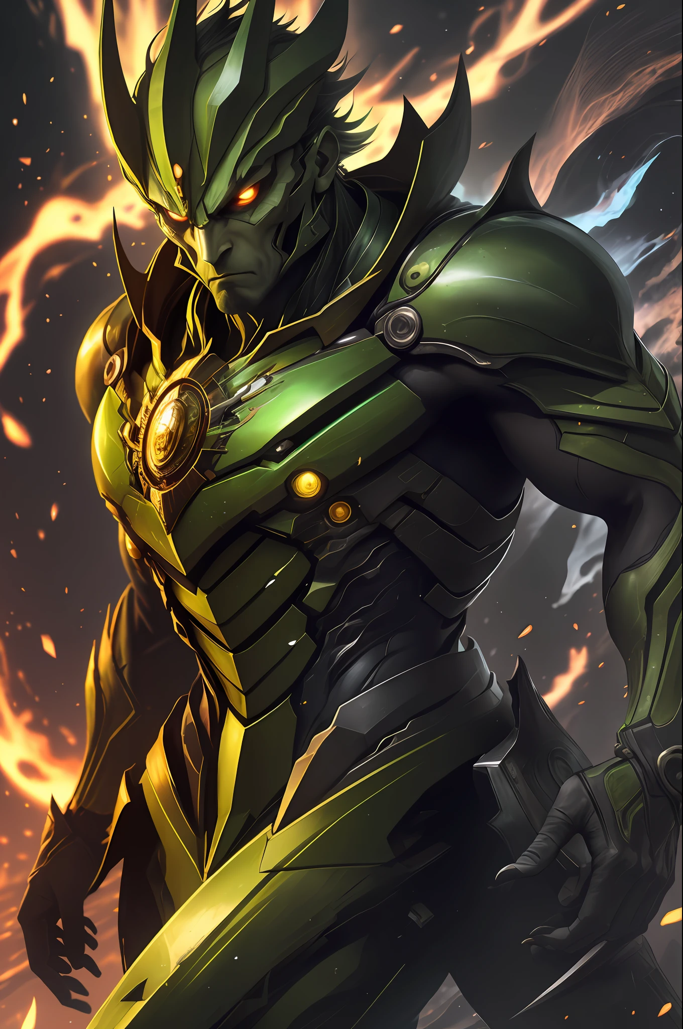 Green and powerful man with eyes of fire