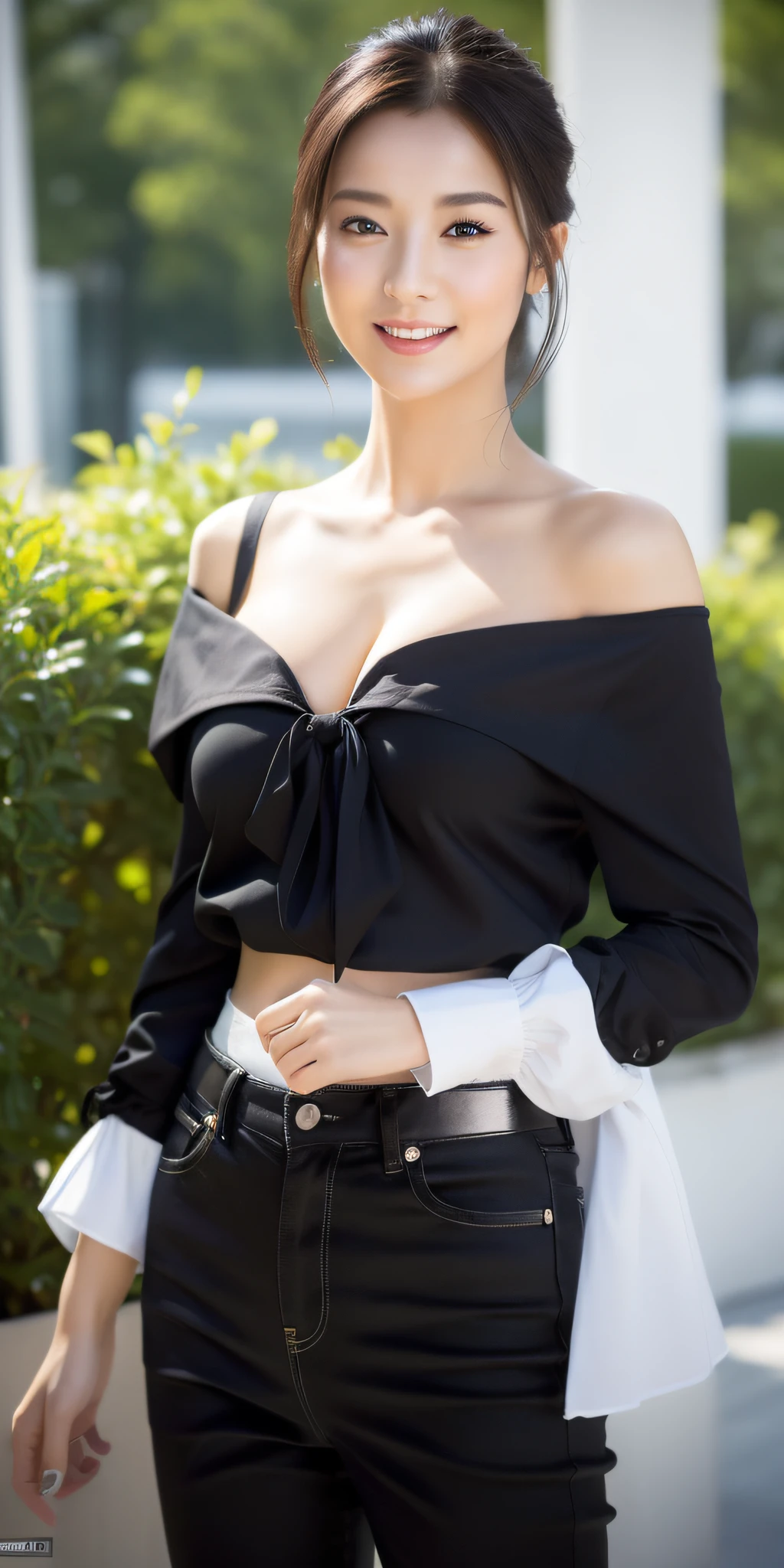 ((Best Quality, 8K, Masterpiece: 1.3)), Sharp Focus: 1.2, (1pretty Woman: 1.2) , Slim Abs Beauty: 1.3, (shiny skin), Realistic Pictures, Black Hair, Big breasts, Wearing White Blouse, Realistic Pupils, Movie Lighting, Off Shoulder, Highly Detailed Eyes and Face, Movie Lighting, Cleavage, Happiness, Surrealism,
