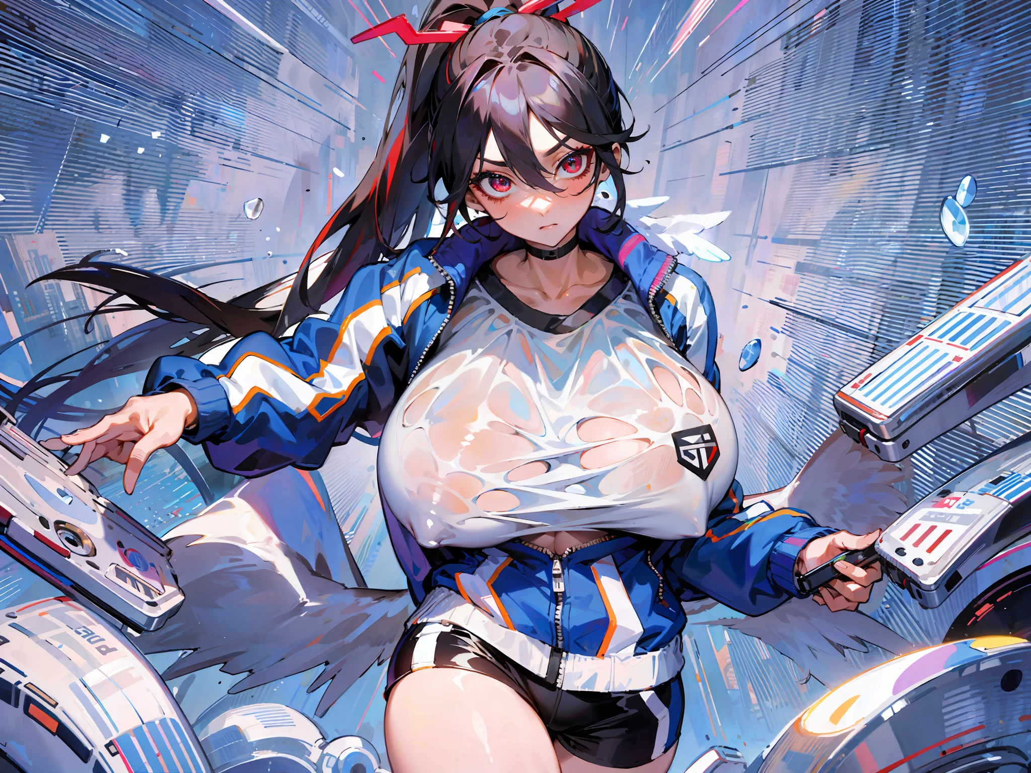 (NSFW: 1.5), crazy_eyes, (Masterpiece, Precision, Premium Quality: 3.2), Alone, One Girl, Black Hair, Ponytail, ((Blue Track Jacket)), Red Eyeshadow Red Eyeliner: 1.2, Looking at the Camera, Black Wings Extending From the Waist, Huge Breasts: 2.3, See-Through, Long Breasts: 1.4, Expressionless, Angel Halo,