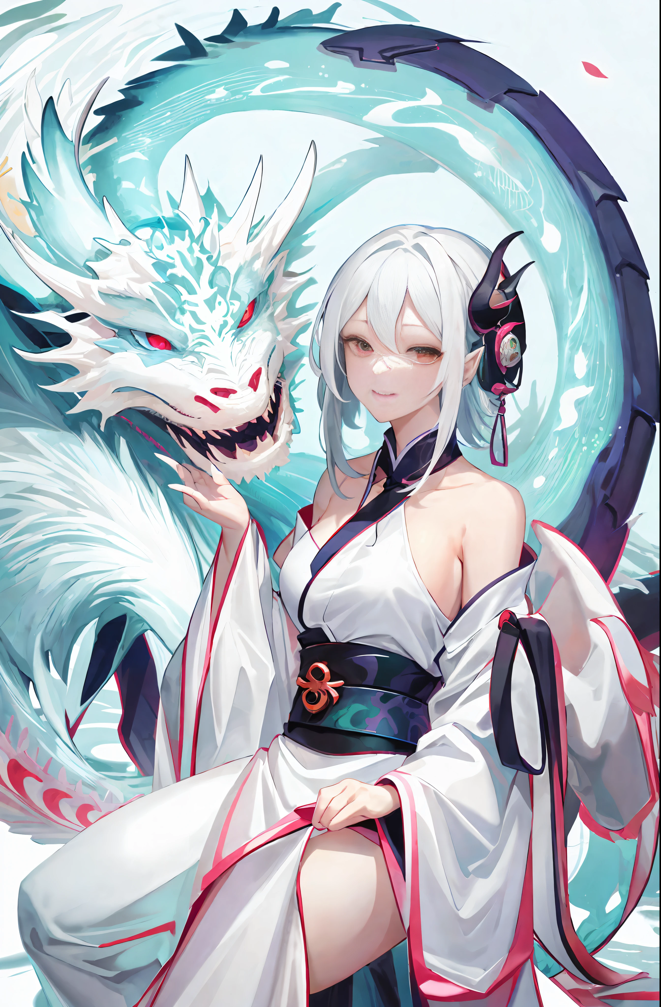 anime girl sitting in a chair with a dragon on her arm, white haired deity, dragon girl, the dragon girl portrait, trending on artstation pixiv, anime style illustration, anime illustration, by Yang J, white haired, pixiv, white haired lady, digital anime illustration, clean detailed anime art, anime style 4 k, demon slayer rui fanart