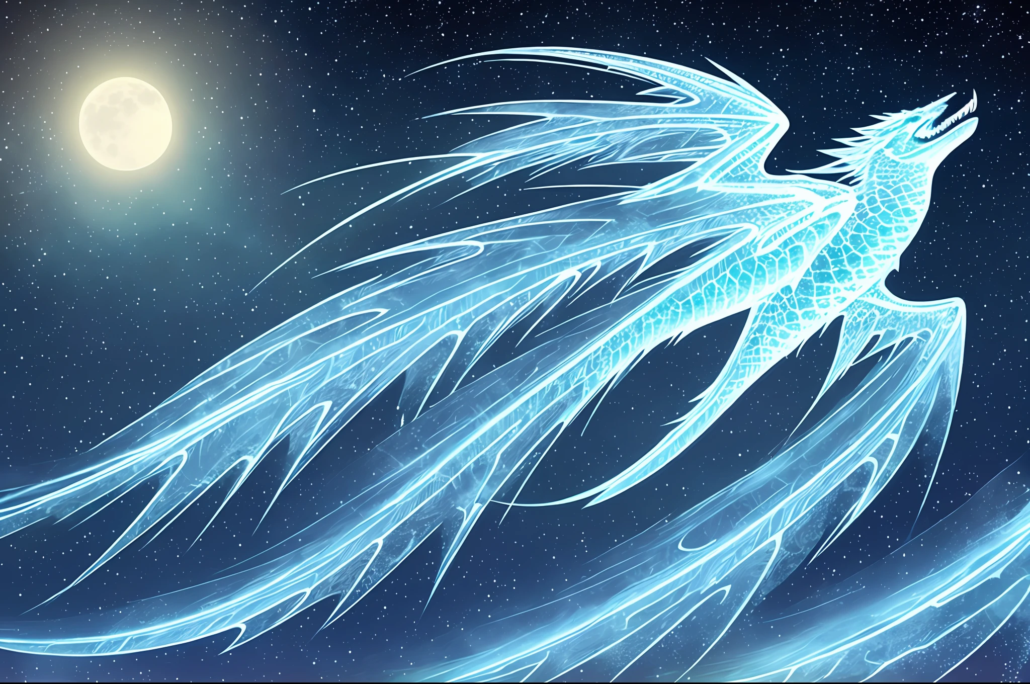 Ice Covered Dragon Ice Wing Legs Moonlit Night Starry Sky Back Bill Tail Fin Roar
