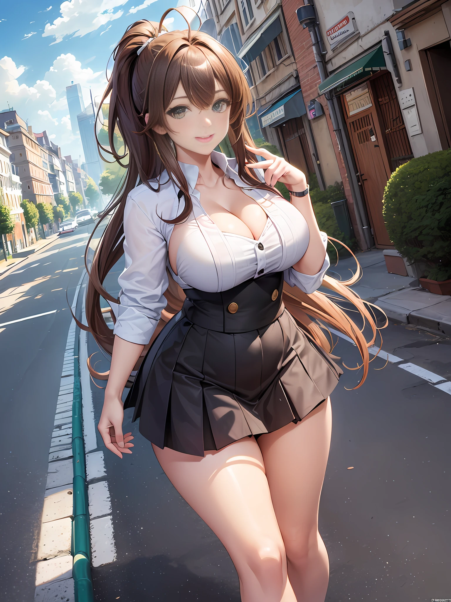 Masterpiece, Best quality, Official Art, (Highly detailed CG Unity 8k wallpaper), Detailed background, (Hand by Guido Daniele: 1.1), Feet outside the frame, First person perspective, 1, Attractive and perfect beautiful woman, Schoolgirl, JK, schoolgirl uniform, summer, sunlight, blue sky, wind blowing strongly, optimal ratio of four fingers and one thumb, (curvaceous), ( White thighs: 1.12), (brown long-haired (Ahoge: 1.13), (High Ponytail: 1.12), (Green Eyes: 1.13), Look at the Beholder, Big, (cleavage), Beautiful Face, (Blush: 1.11), (Smile: 1.11)