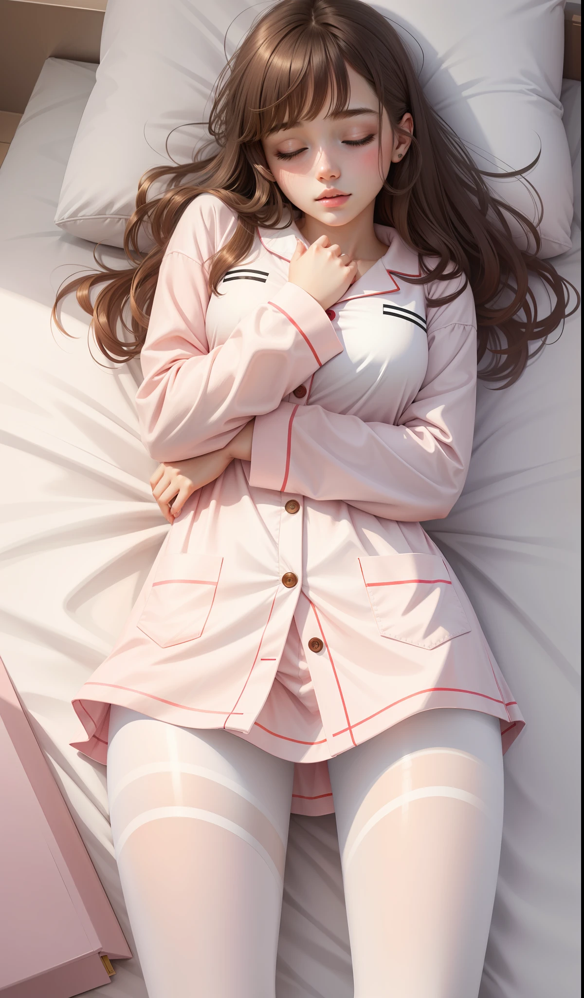 Sleeping girl, 22 years old, realistic, she is wearing white pantyhose, pink pajamas, brown hair.
