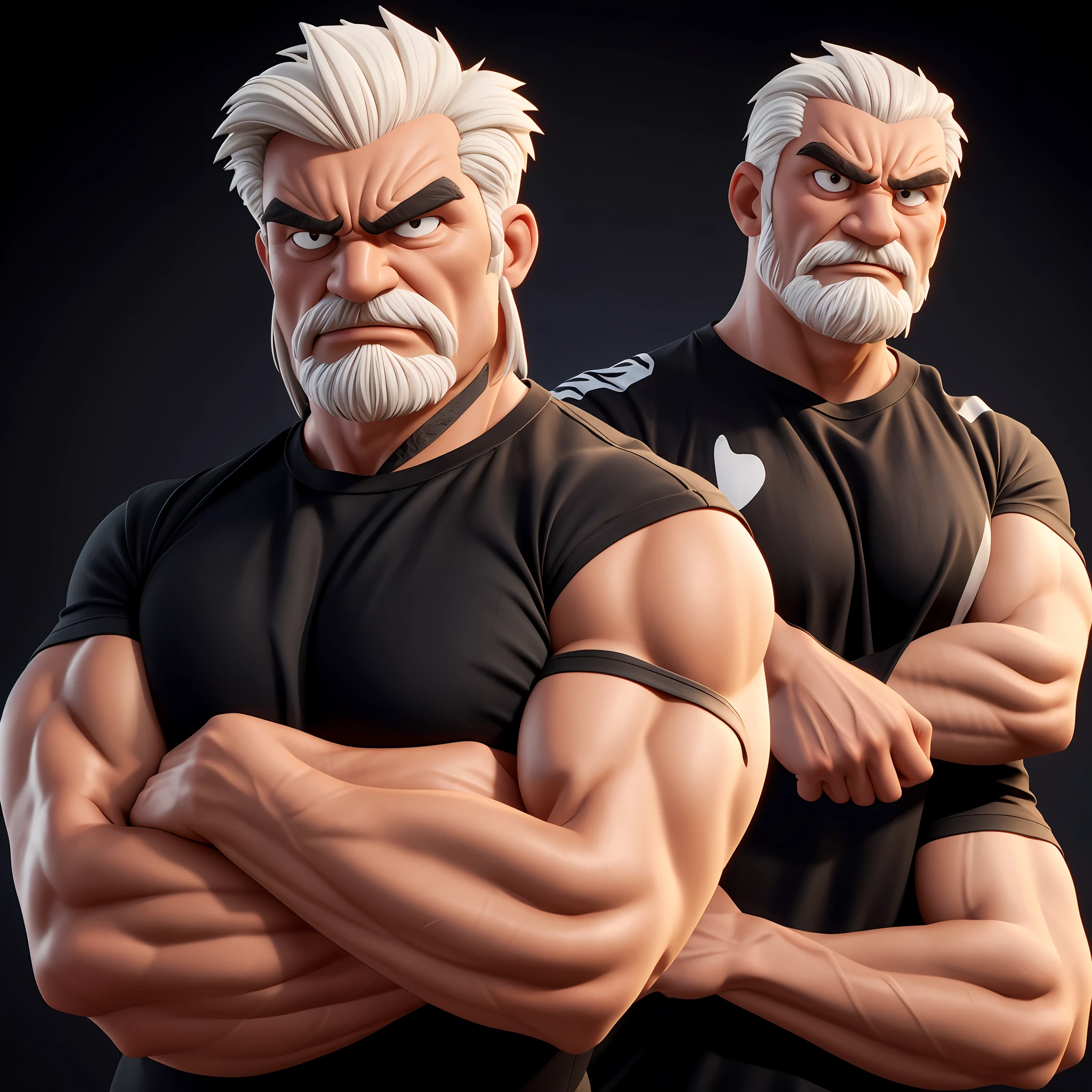 Create an 8K cartoon of an angry, well-muscled old man with his arms crossed, well-muscled in a black shirt striped in white. Make sure the resulting image has a cartoonish look, with vibrant colors and smooth edges. Add details to give the old man an angry look, such as furrowed brows and a tight mouth. Make sure that the black shirt striped with white is an important element of the image, and add details to make it attractive and interesting. Add textures and details to make the image more realistic, such as the appearance of the shirt texture and the appearance of the skin. Make sure the resulting image is high resolution, 8K quality." —c 10 —ar 2