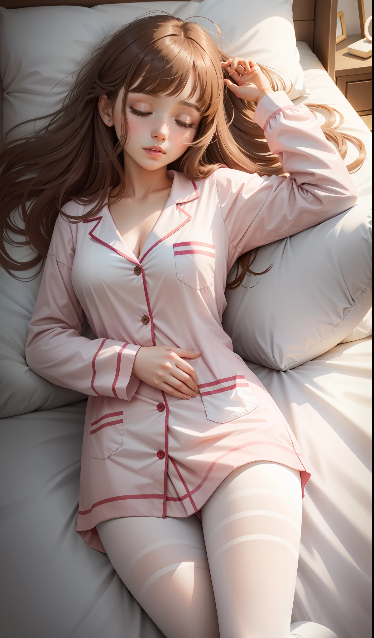 Sleeping girl, 22 years old, realistic, she is wearing white pantyhose, pink pajamas, brown hair.