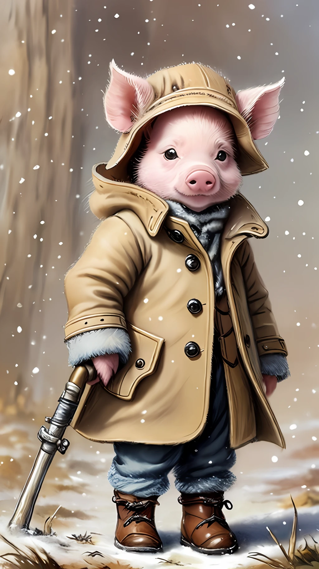 Tiny cute and adorable piglet adventurer dressed in a warm overcoat with survival gear on a winters day, jean - baptiste monge , anthropomorphic
