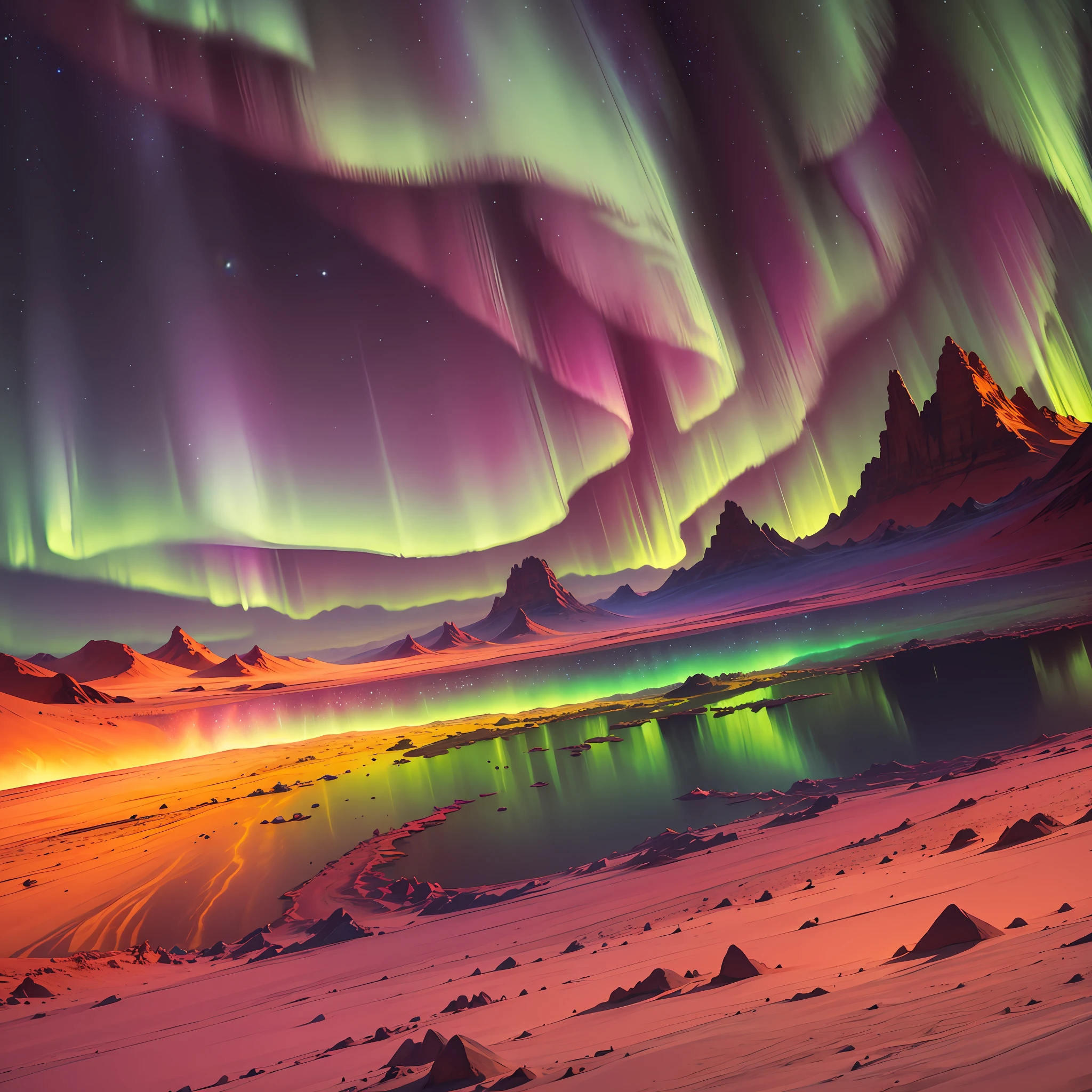 Aurora borealis on Mars, infinite range of colors, palette of all colors in an explosion, beautiful landscape, perfect colors --auto --s2