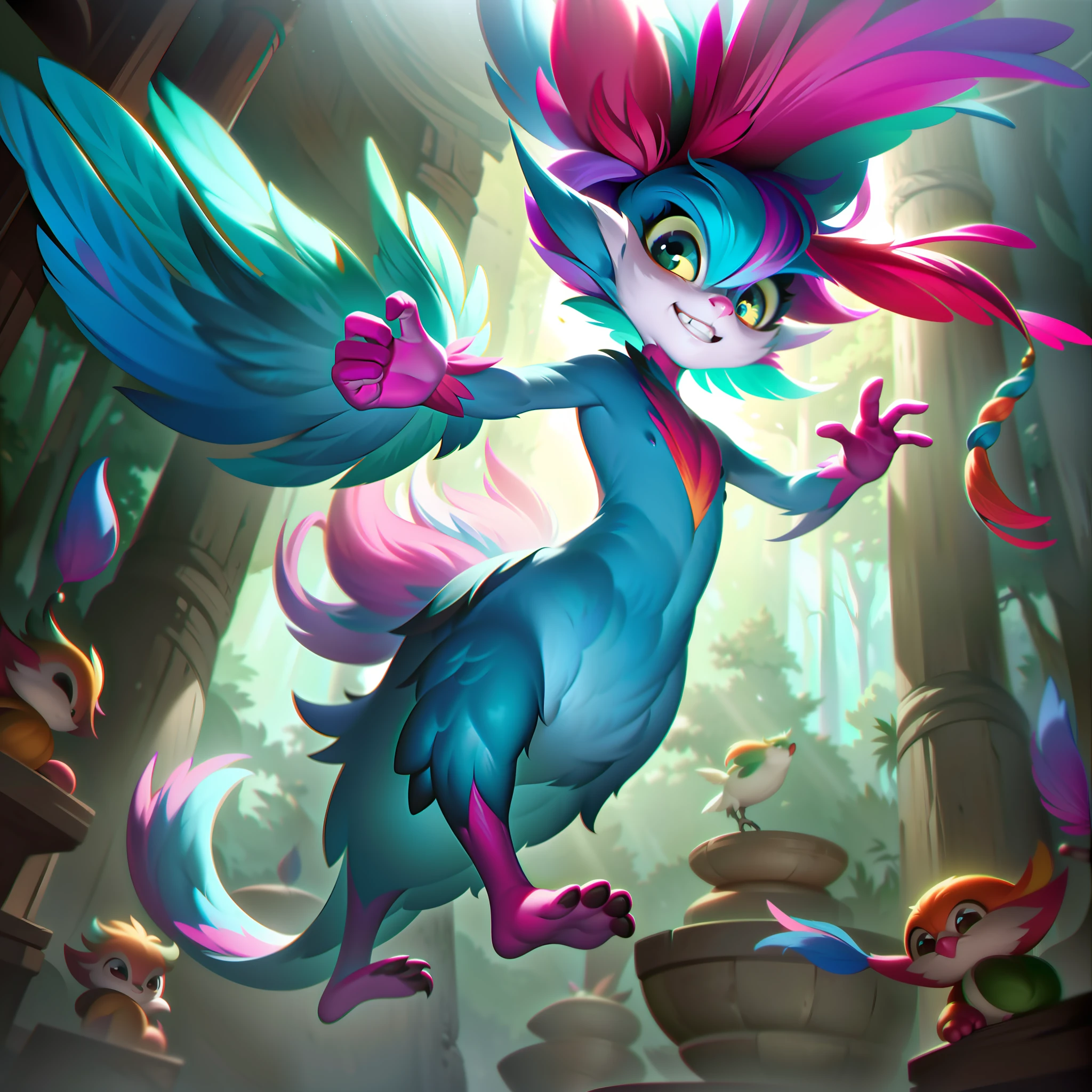 Frufru, the Feathered Trickster, is depicted in their splashart as a mischievous and agile yordle, adorned with vibrant and prehensile feathers that grant them incredible dexterity. The scene is set in a whimsical and enchanting forest, where Frufru's playful antics come to life.

Frufru is portrayed with a small and nimble yordle physique, exuding an air of curiosity and mischief. Their eyes shine with a mischievous glimmer, hinting at their penchant for pranks and tricks. Frufru's hair is adorned with feathers, matching their feathery wings and tail.

The feathers that cover Frufru's body are depicted in intricate detail, showcasing their vibrant colors and delicate texture. These feathers serve as an extension of their body, granting them remarkable dexterity and the ability to manipulate objects with grace and precision. Frufru is shown utilizing their feathers to juggle playful items, showcasing their skill and agility.

With a playful grin, Frufru is depicted in a dynamic pose, mid-leap, as if ready to engage in a playful game of mischief. Their feathered wings and tail unfurl, adding to the sense of movement and whimsy. The feathers appear to dance in the air around them, conveying Frufru's energetic and lively nature.

The forest background is a magical and enchanting scene, filled with vibrant foliage and shimmering lights. Sunlight filters through the canopy, casting a warm and inviting glow upon the whimsical setting. A sense of wonder and adventure permeates the air, reflecting Frufru's playful and mischievous personality.

The color palette is a lively mix of vibrant hues, with Frufru's feathers showcasing a range of colors from vivid blues and greens to warm oranges and pinks. The contrast between the bold colors and the lush greens of the forest creates a visually captivating composition, splashart, linhas de corpo, cores vibrantes, detalhes requintados, cinematográfico, artstation, rosto detalhado, por rossdraws, por Kienan Lafferty