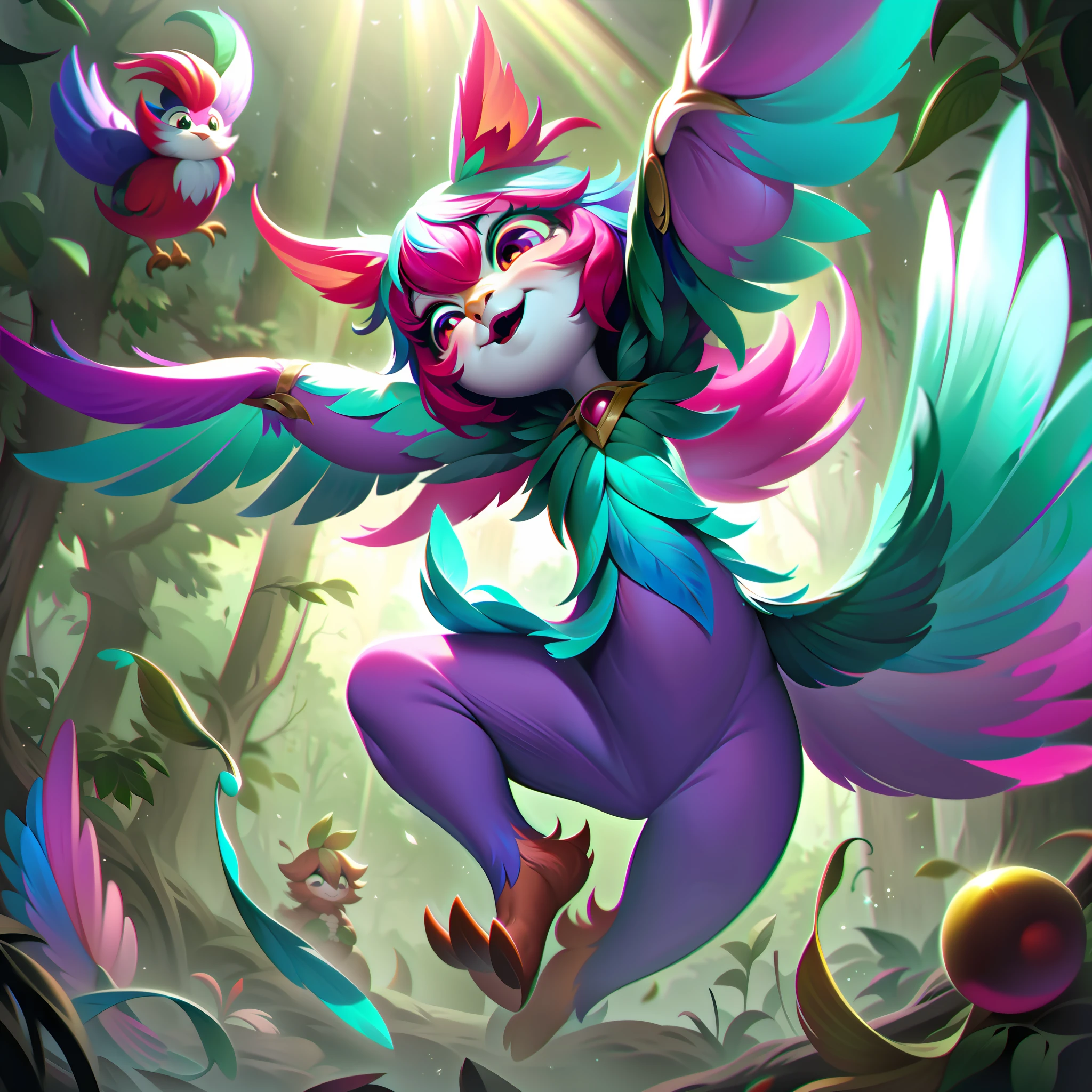 Frufru, the Feathered Trickster, is depicted in their splashart as a mischievous and agile yordle, adorned with vibrant and prehensile feathers that grant them incredible dexterity. The scene is set in a whimsical and enchanting forest, where Frufru's playful antics come to life.

Frufru is portrayed with a small and nimble yordle physique, exuding an air of curiosity and mischief. Their eyes shine with a mischievous glimmer, hinting at their penchant for pranks and tricks. Frufru's hair is adorned with feathers, matching their feathery wings and tail.

The feathers that cover Frufru's body are depicted in intricate detail, showcasing their vibrant colors and delicate texture. These feathers serve as an extension of their body, granting them remarkable dexterity and the ability to manipulate objects with grace and precision. Frufru is shown utilizing their feathers to juggle playful items, showcasing their skill and agility.

With a playful grin, Frufru is depicted in a dynamic pose, mid-leap, as if ready to engage in a playful game of mischief. Their feathered wings and tail unfurl, adding to the sense of movement and whimsy. The feathers appear to dance in the air around them, conveying Frufru's energetic and lively nature.

The forest background is a magical and enchanting scene, filled with vibrant foliage and shimmering lights. Sunlight filters through the canopy, casting a warm and inviting glow upon the whimsical setting. A sense of wonder and adventure permeates the air, reflecting Frufru's playful and mischievous personality.

The color palette is a lively mix of vibrant hues, with Frufru's feathers showcasing a range of colors from vivid blues and greens to warm oranges and pinks. The contrast between the bold colors and the lush greens of the forest creates a visually captivating composition, splashart, linhas de corpo, cores vibrantes, detalhes requintados, cinematográfico, artstation, rosto detalhado, por rossdraws, por Kienan Lafferty