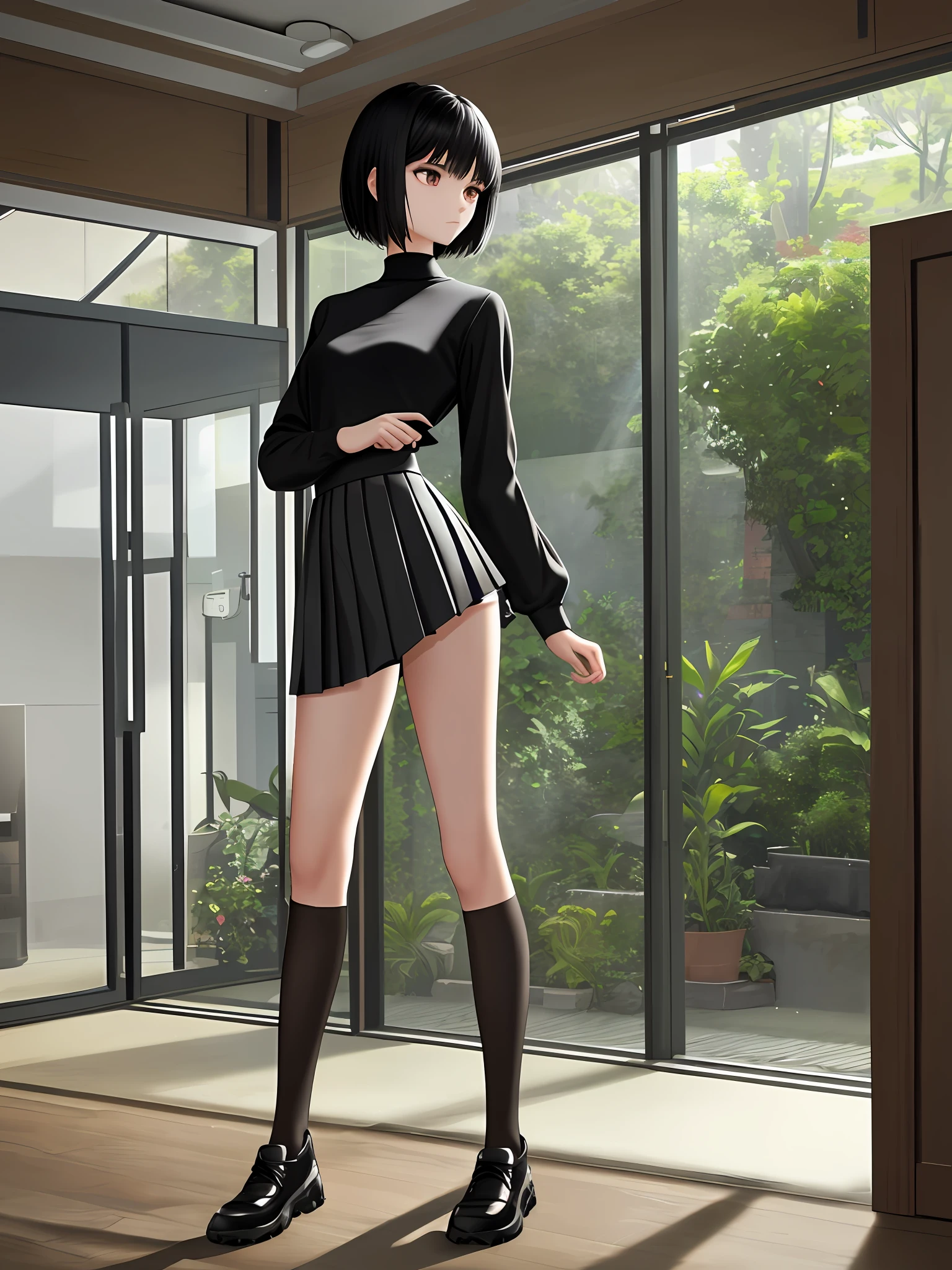 Masterpiece, quality, high resolution, ray tracing, calm room, vegetation around, girl 1, black hair, short hair, disheveled hair, 19 years old, 168 cm, middle of chest, chest groove, full body, slender, thin waist, thighs, calves, beautiful legs, beautiful arms, beautiful eyes, well-formed features, cute, indoors, miniskirt, tight clothes, see-through, black tights, depiction in motion, pleated skirts, cute clothes,