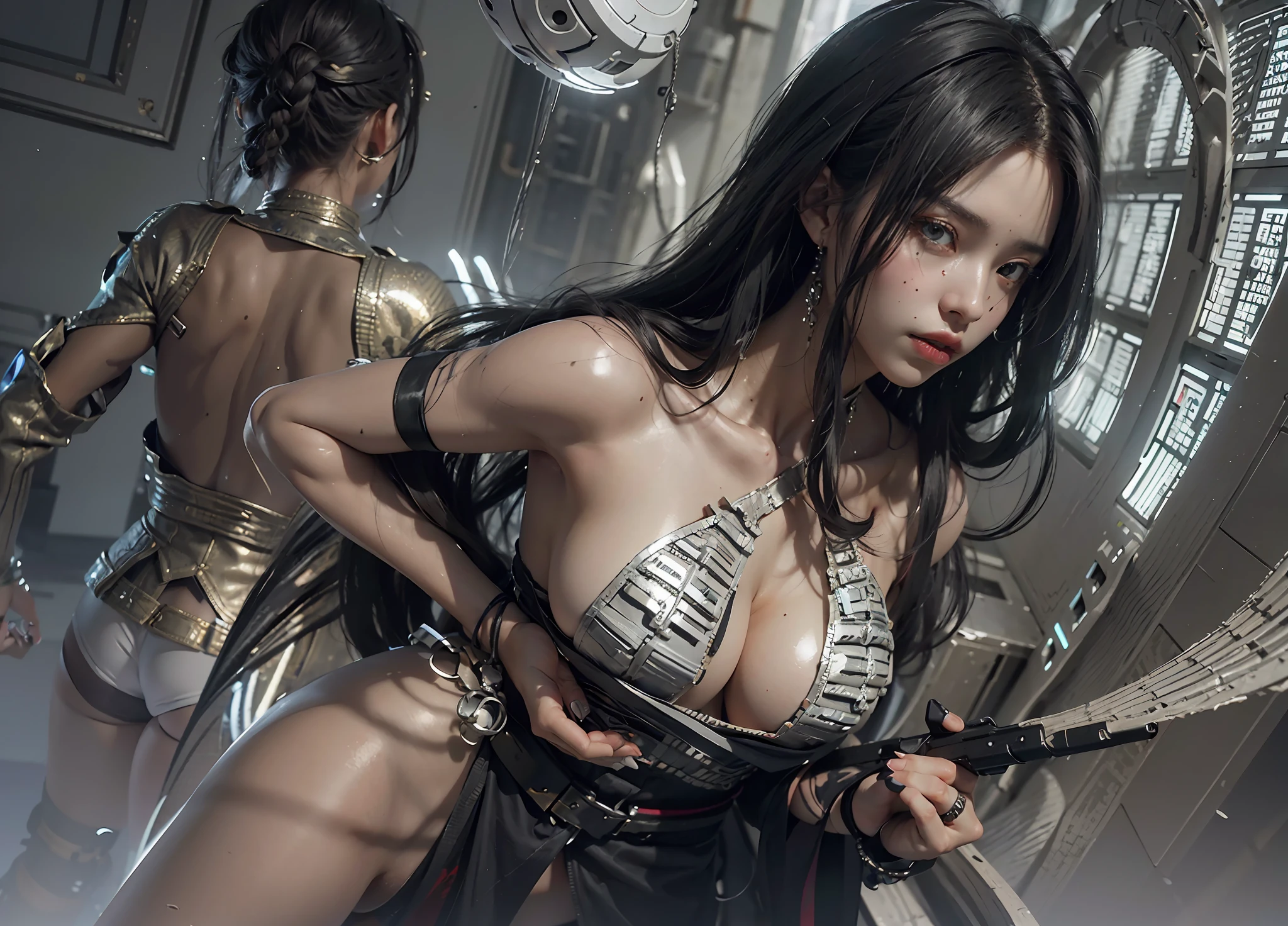 ((Best quality)), ((masterpiece)), (detailed:1.4), 3D, an image of a beautiful cyberpunk black female with braids on head,HDR (High Dynamic Range),Ray Tracing,NVIDIA RTX,Super-Resolution,Unreal 5,Subsurface scattering,PBR Texturing,Post-processing,Anisotropic Filtering,Depth-of-field,Maximum clarity and sharpness,Multi-layered textures,Albedo and Specular maps,Surface shading,Accurate simulation of light-material interaction,Perfect proportions,Octane Render,Two-tone lighting,Wide aperture,Low ISO,White balance,Rule of thirds,8K RAW, anime - style woman in a white and black outfit with a gun, cyborg merchant girl,