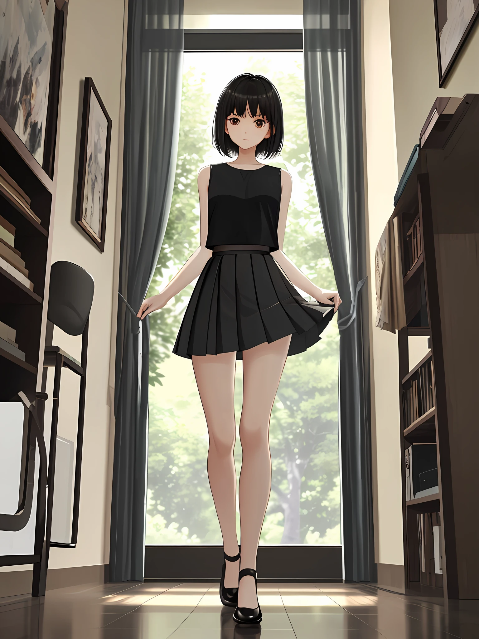 Masterpiece, quality, high resolution, ray tracing, calm room, vegetation around, girl 1, black hair, short hair, disheveled hair, 19 years old, 168 cm, middle of chest, chest groove, full body, slender, thin waist, thighs, calves, beautiful legs, beautiful arms, beautiful eyes, well-formed features, cute, indoors, miniskirt, tight clothes, see-through, black tights, depiction in motion, pleated skirts, cute clothes,