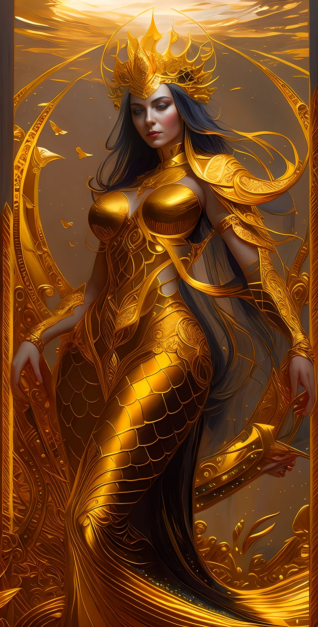 a painting of a woman in a golden dress and a crown, artgerm julie bell beeple, detailed fantasy art, goddess. extremely high detail, portrait of mermaid warrior, detailed fantasy digital art, extremely detailed goddess shot, fantasy woman, karol bak uhd, epic exquisite character art, fantasy art behance, highly detailed fantasy art