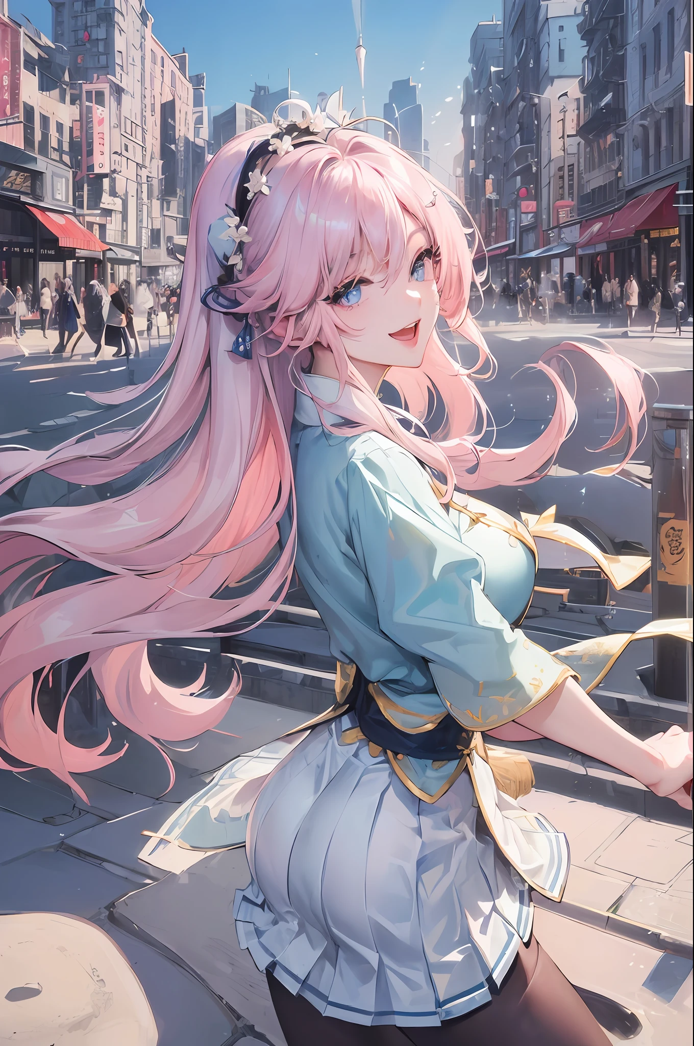 Official Art, Masterpiece, Sharp Focus, (Beautiful Gorgeous Cute Chinese Woman: 1.3), (Beautiful and Cute Korean Chinese: 1.3), Korean Chinese Beauty, Delicate Beautiful Hair and Eyes and Face, Realistic, Ultra Detailed, Beautiful Girl, Blue Sky, Glowing White Particles, (Sidelighting: 1.2), Sunlight, White Clouds, Detailed Clouds, Slender, Cute Big Breasts Big Buttocks, Toothy Laughing, ((Laughing with Eyes Open)), Landscape, Long Straight Hair, Sexy Facial Expressions, Architecture, ( Cityscape:1.7), Dynamic Hair, Long Straight Hair, Delicate Platinum Pink Hair, Glowing Blue Eyes, (Blue Pleated Shirt + White Skirt), White Stockings, Pale Skin, Hair Accessories, Epic Landscape,