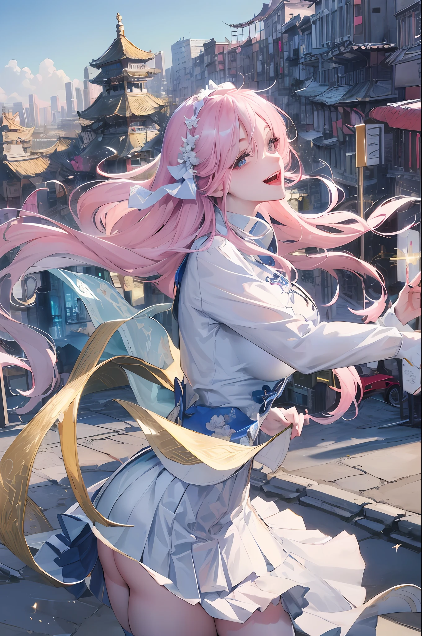 Official Art, Masterpiece, Sharp Focus, (Beautiful Gorgeous Cute Chinese Woman: 1.3), (Beautiful and Cute Korean Chinese: 1.3), Korean Chinese Beauty, Delicate Beautiful Hair and Eyes and Face, Realistic, Ultra Detailed, Beautiful Girl, Blue Sky, Glowing White Particles, (Sidelighting: 1.2), Sunlight, White Clouds, Detailed Clouds, Slender, Cute Big Breasts Big Buttocks, Toothy Laughing, ((Laughing with Eyes Open)), Landscape, Long Straight Hair, Sexy Facial Expressions, Architecture, ( Cityscape:1.7), Dynamic Hair, Long Straight Hair, Delicate Platinum Pink Hair, Glowing Blue Eyes, (Blue Pleated Shirt + White Skirt), White Stockings, Pale Skin, Hair Accessories, Epic Landscape,