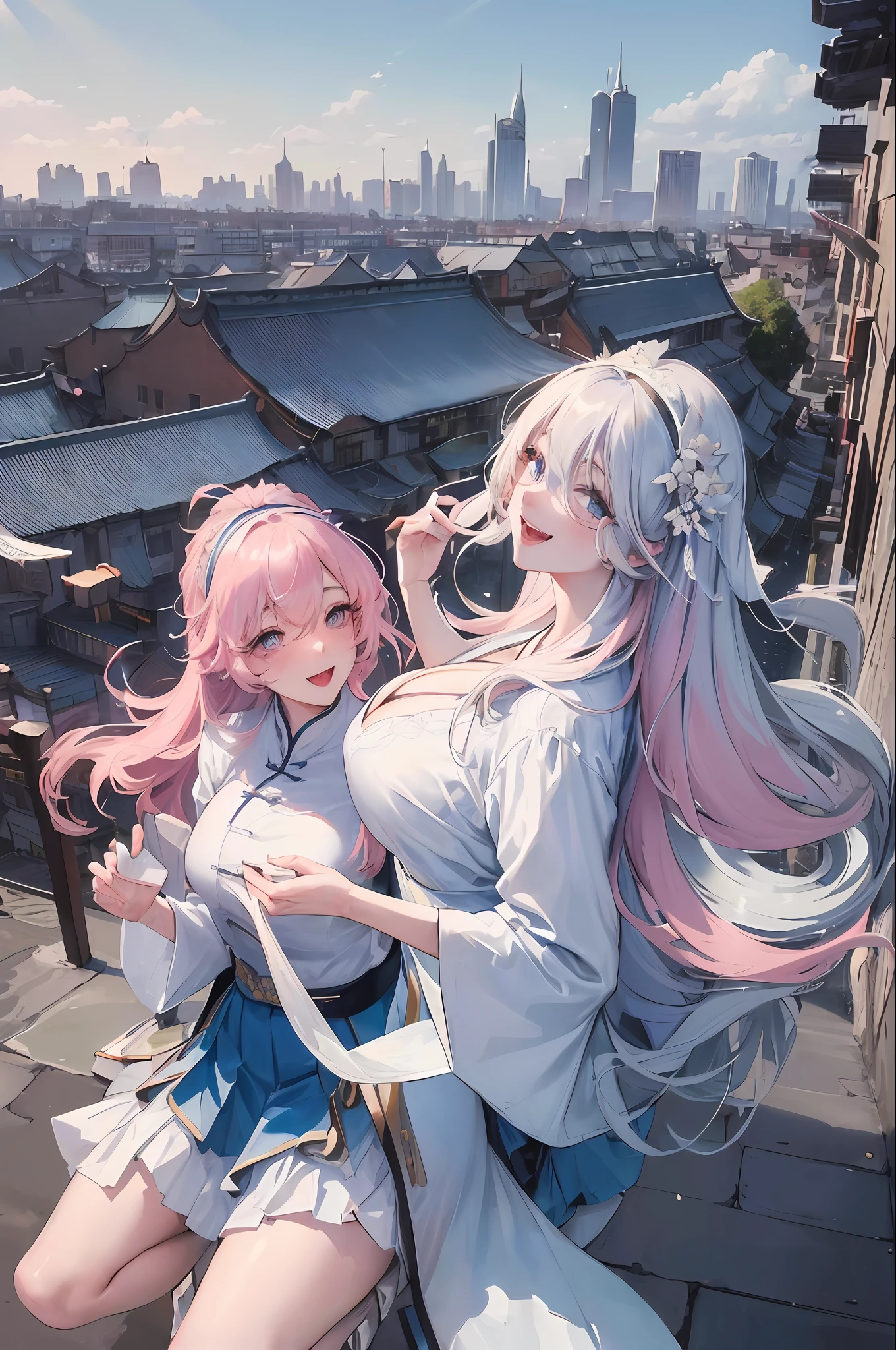 Official Art, Masterpiece, Sharp Focus, (Beautiful Gorgeous Cute Chinese Woman: 1.3), (Beautiful and Cute Korean Chinese: 1.3), Korean Chinese Beauty, Delicate Beautiful Hair and Eyes and Face, Realistic, Ultra Detailed, Beautiful Girl, Blue Sky, Glowing White Particles, (Sidelighting: 1.2), Sunlight, White Clouds, Detailed Clouds, Slender, Cute Big Breasts Big Buttocks, Toothy Laughing, ((Laughing with Eyes Open)), Landscape, Long Straight Hair, Sexy Facial Expressions, Architecture, ( Cityscape:1.7), Dynamic Hair, Long Straight Hair, Delicate Platinum Pink Hair, Glowing Blue Eyes, (Blue Pleated Shirt + White Skirt), White Stockings, Pale Skin, Hair Accessories, Epic Landscape,