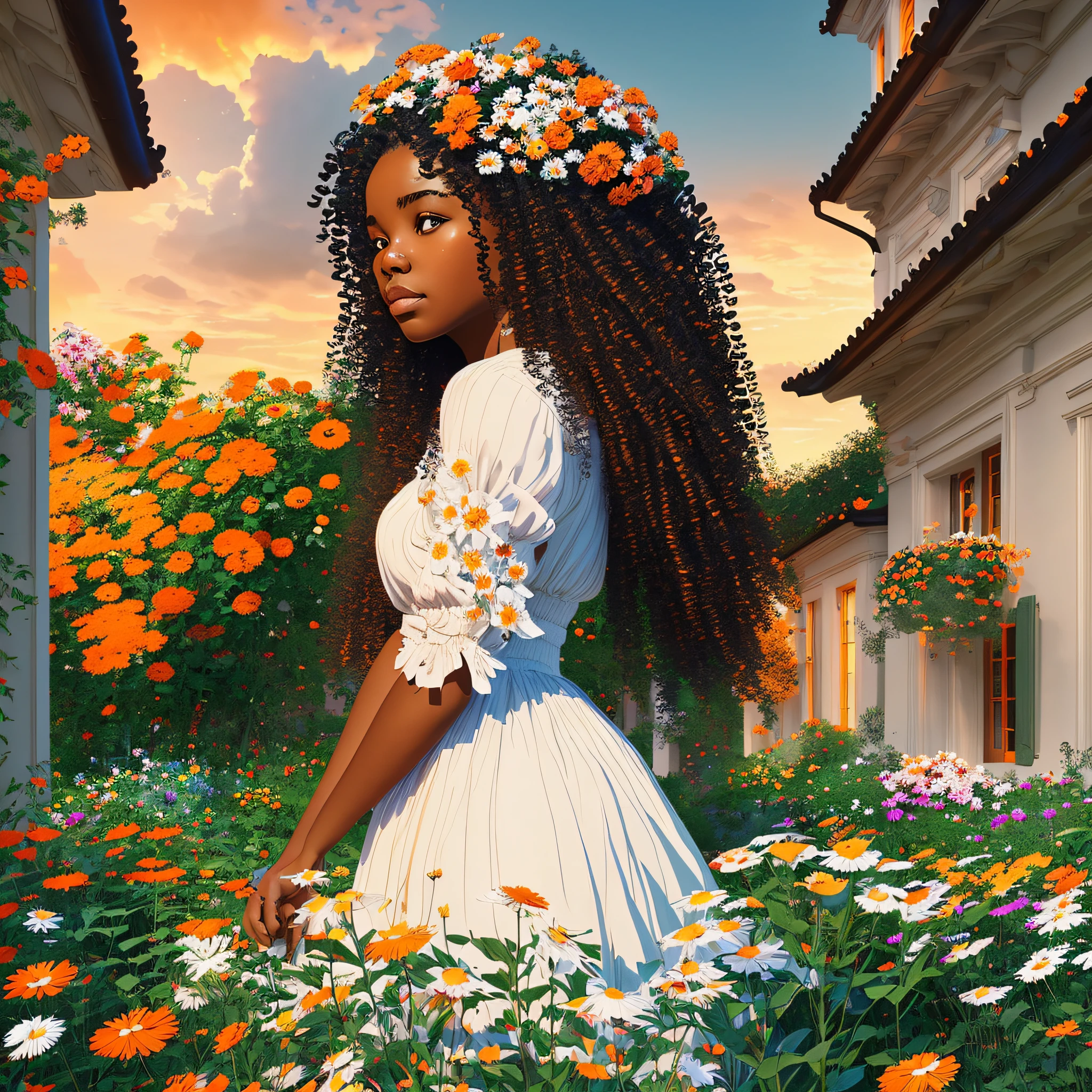 (detailed description) (best quality) 1 black girl with long curly hair, profile, turned sideways, in a garden of a mansion, white mansion in the background, orange sky, flowers in the garden, gerberas everywhere, digital art, 3d style, game --auto --s2