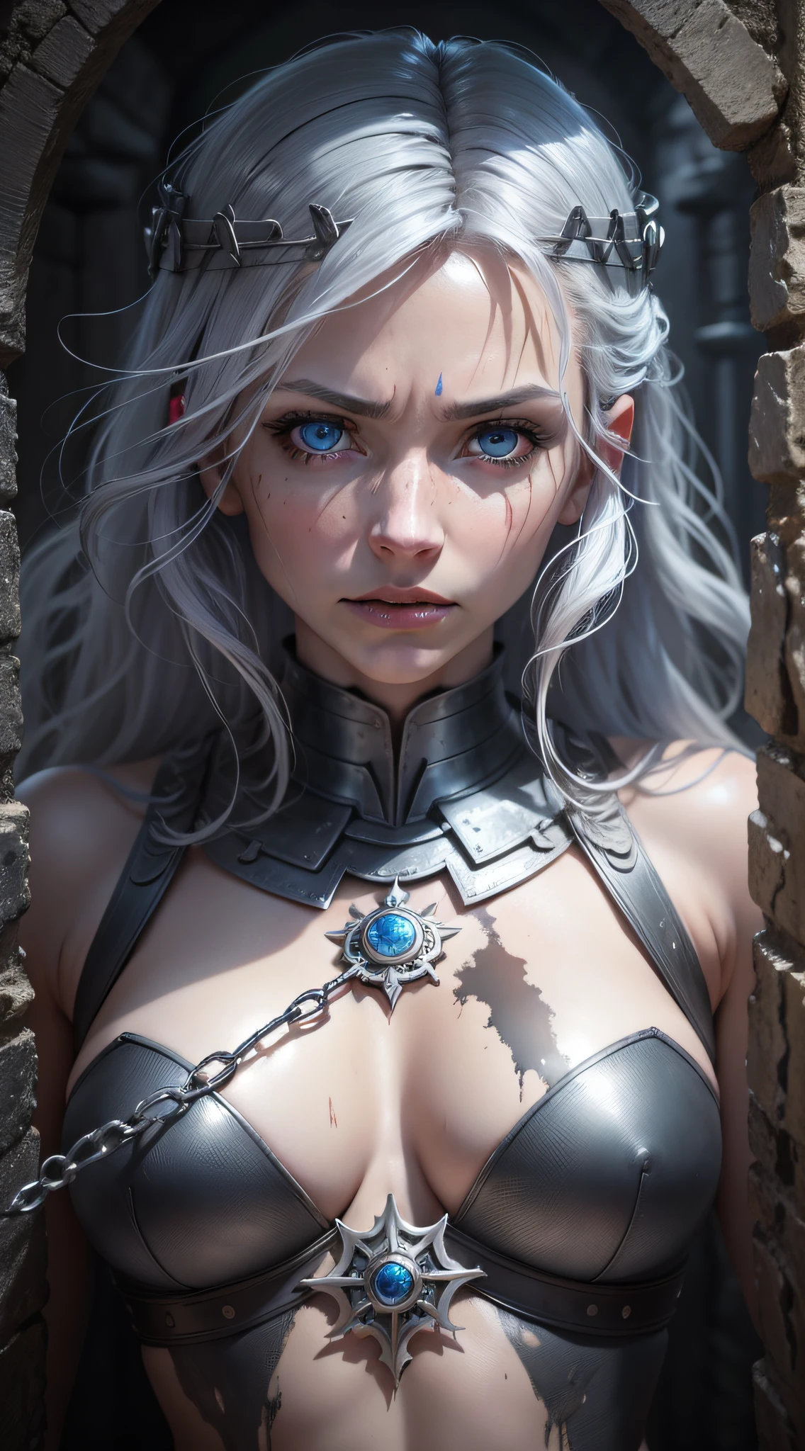 Elara, silver-haired warrior 40 years old, blue eyes, warrior princess, imprisoned in a dungeon, blood all over her body, dark currents of darkness. Dark dirty environment. suffering, tortured on her knees, chains fastened in her arms. Darkness, crevice light shafts, sad, high detail, Conceptual art, reflection light, cinematic lighting, drop shadow, UHD, masterpiece, anatomically correct, textured skin, best quality, 1080P, 8k