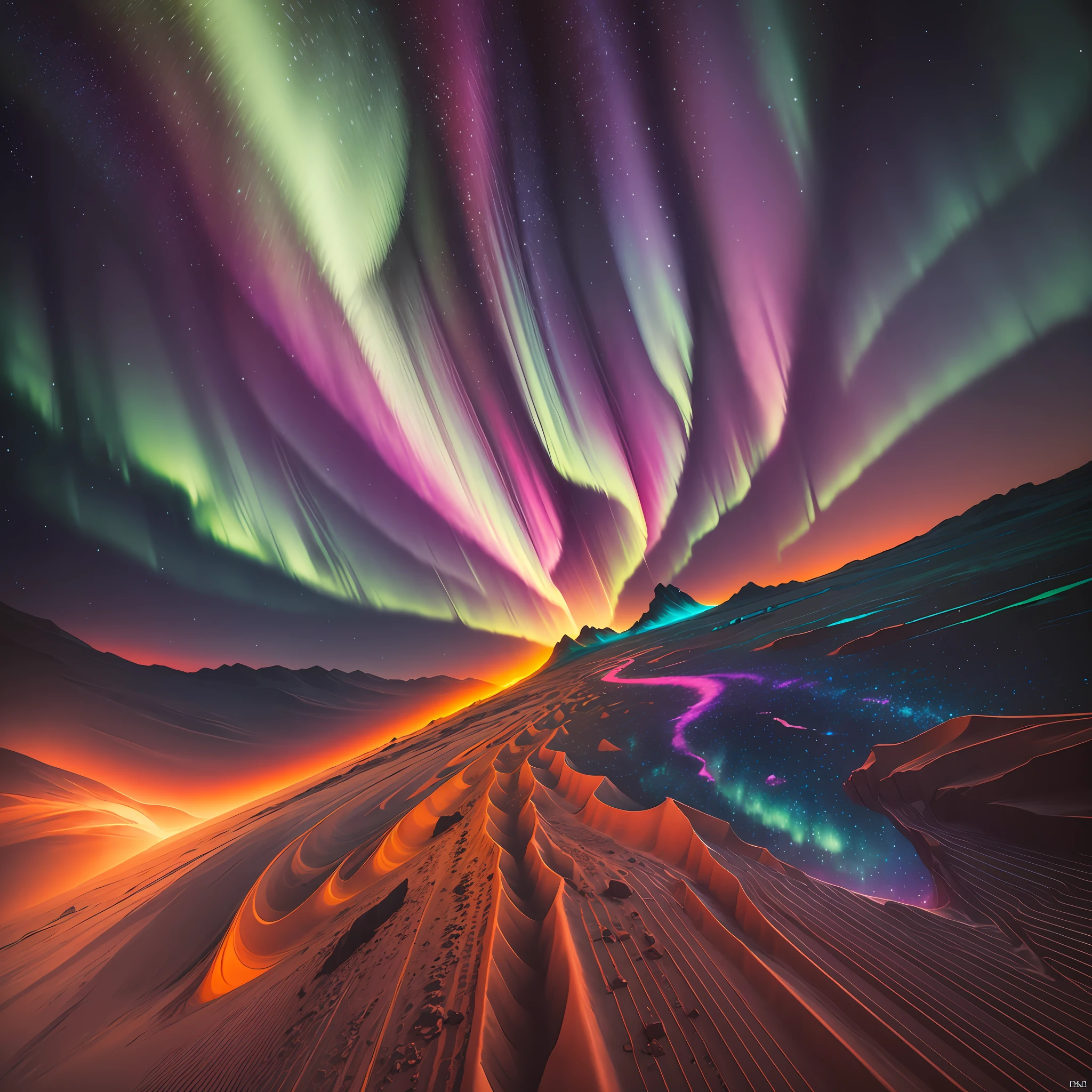 Aurora borealis on Mars, infinite range of colors, palette of all colors in an explosion, beautiful landscape, perfect colors --auto --s2