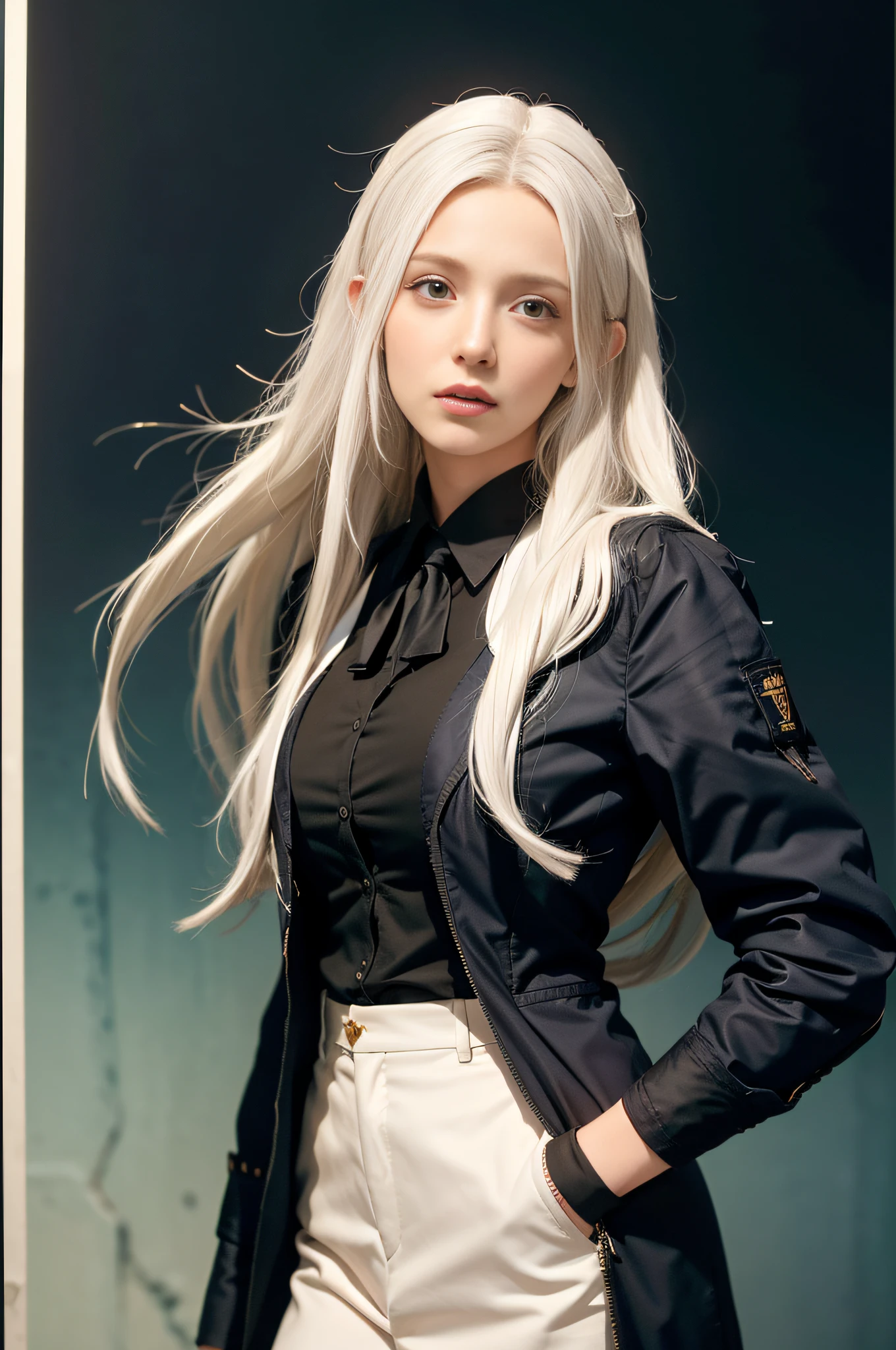(In the Dark: 1.6), Surrealist Female Portraits by David Hockney and Alphonse Mucha, Fantasy Art, Photo Realism, Dynamic Lighting, ArtStation, Poster, Volumetric Lighting, Very Detailed Faces, 4k, Award-Winning , 1Girl, In the Dark, Deep Shadow, Understated, Cowboy Shots, (Flight Attendant Uniform: 1.4), Long Hair, White Hair, Bust, Terminal, Black Background,
