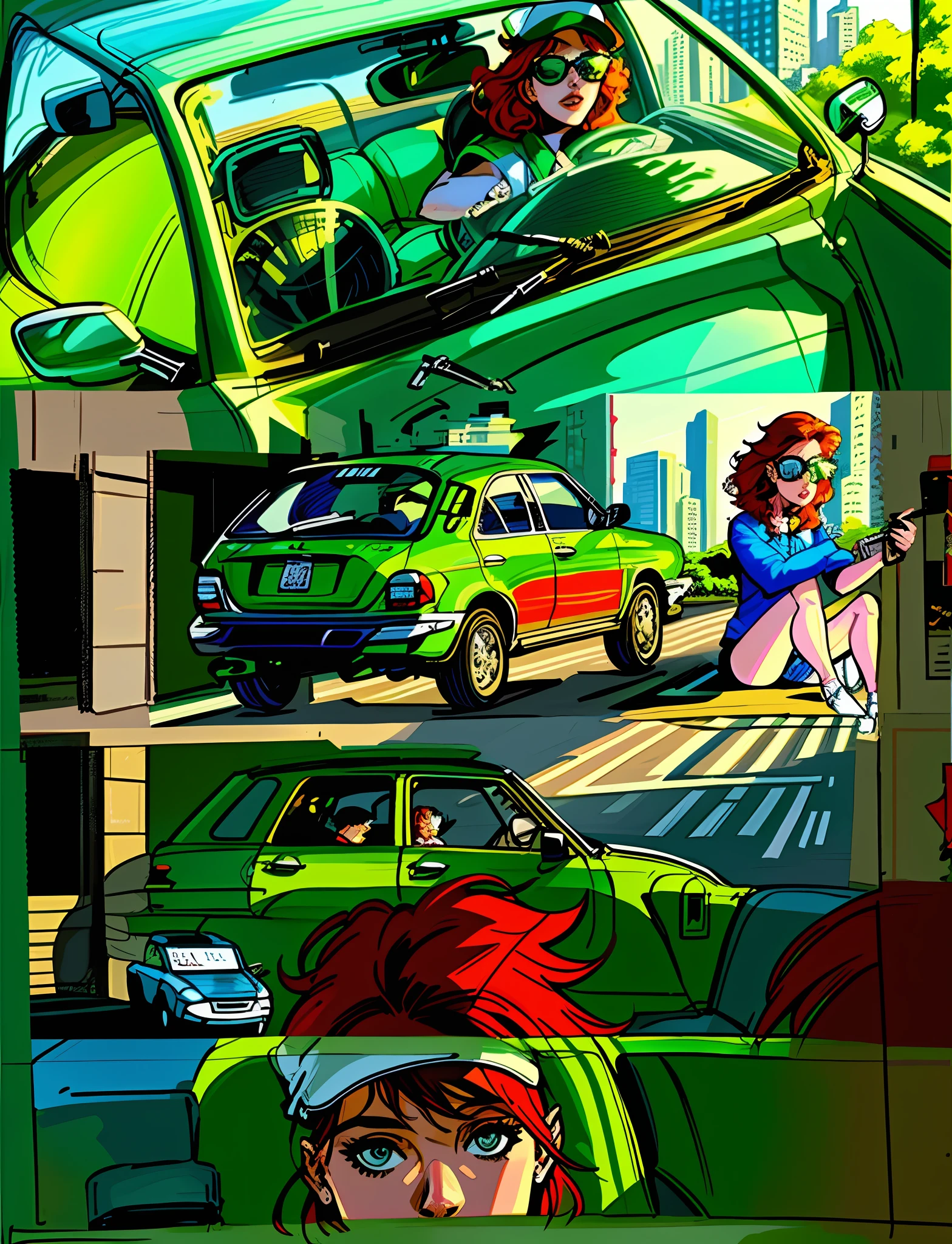 Illustration in comics, storyboard, sitting in her car, comic book, late afternoon scene, comic drawing, illustration, comic art, colorful art, redhead girl, wears cap and sunglasses, girl behind the wheel, sunglasses, wears white cap, masterpiece,8k, detailed,