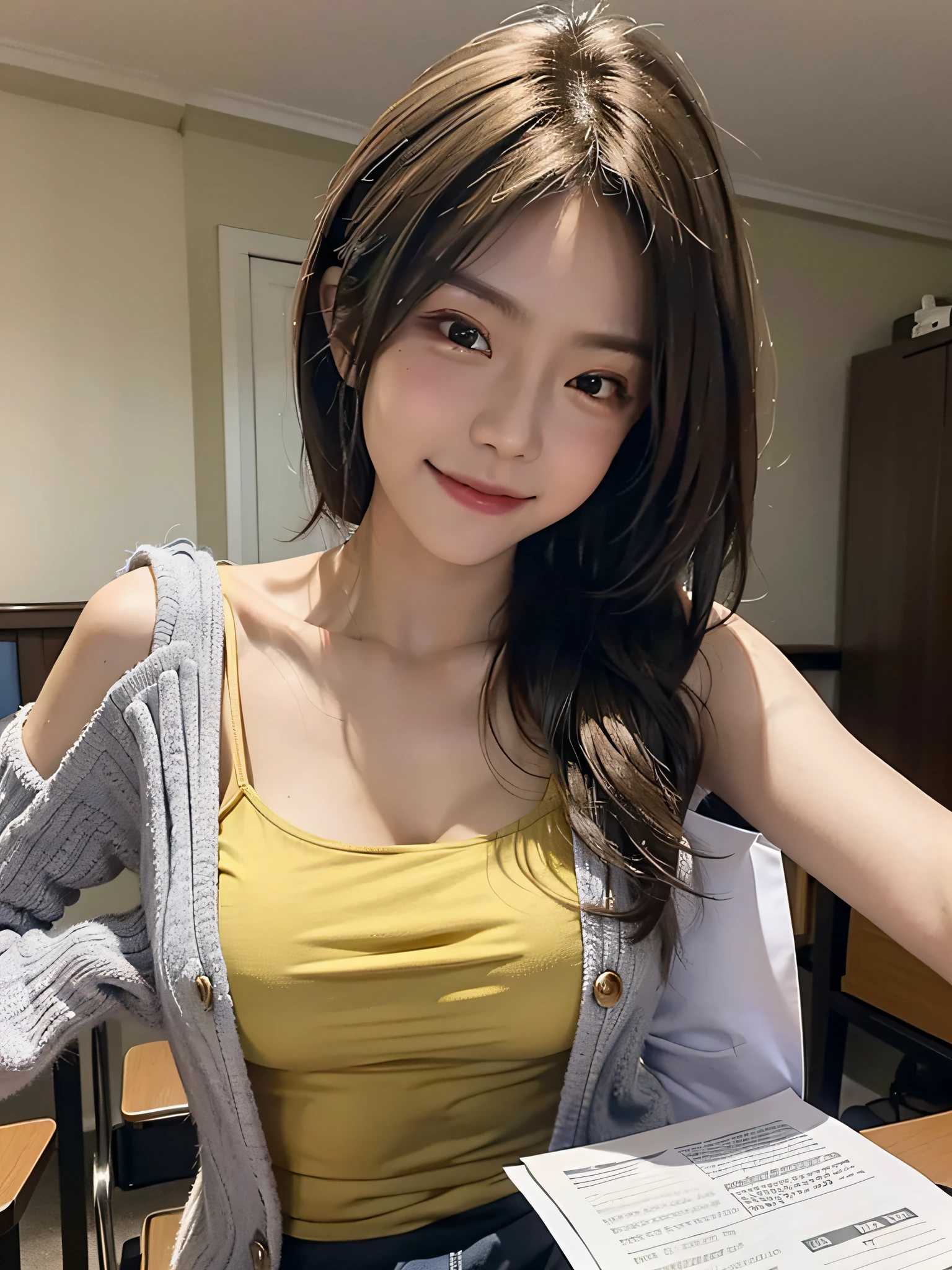 Best Quality, Masterpiece, Ultra High Resolution, Realistic, 1 Girl, Shoulder, Smile, Gaokao, Lost Exam Paper, Front, ((Big Breast)), ((Exam Paper Falling))
