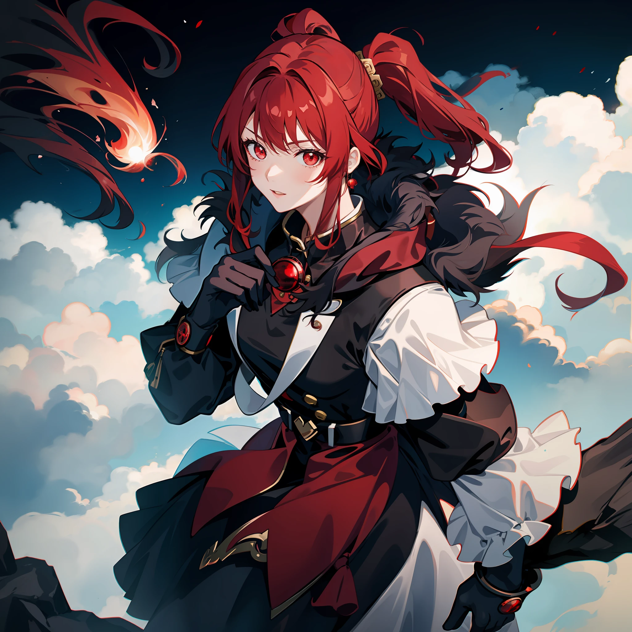 Only 1 girl, red ponytail hair, red eyes, wearing a red chinese coat, beautiful anime girl, holding a blackhole, mature girl