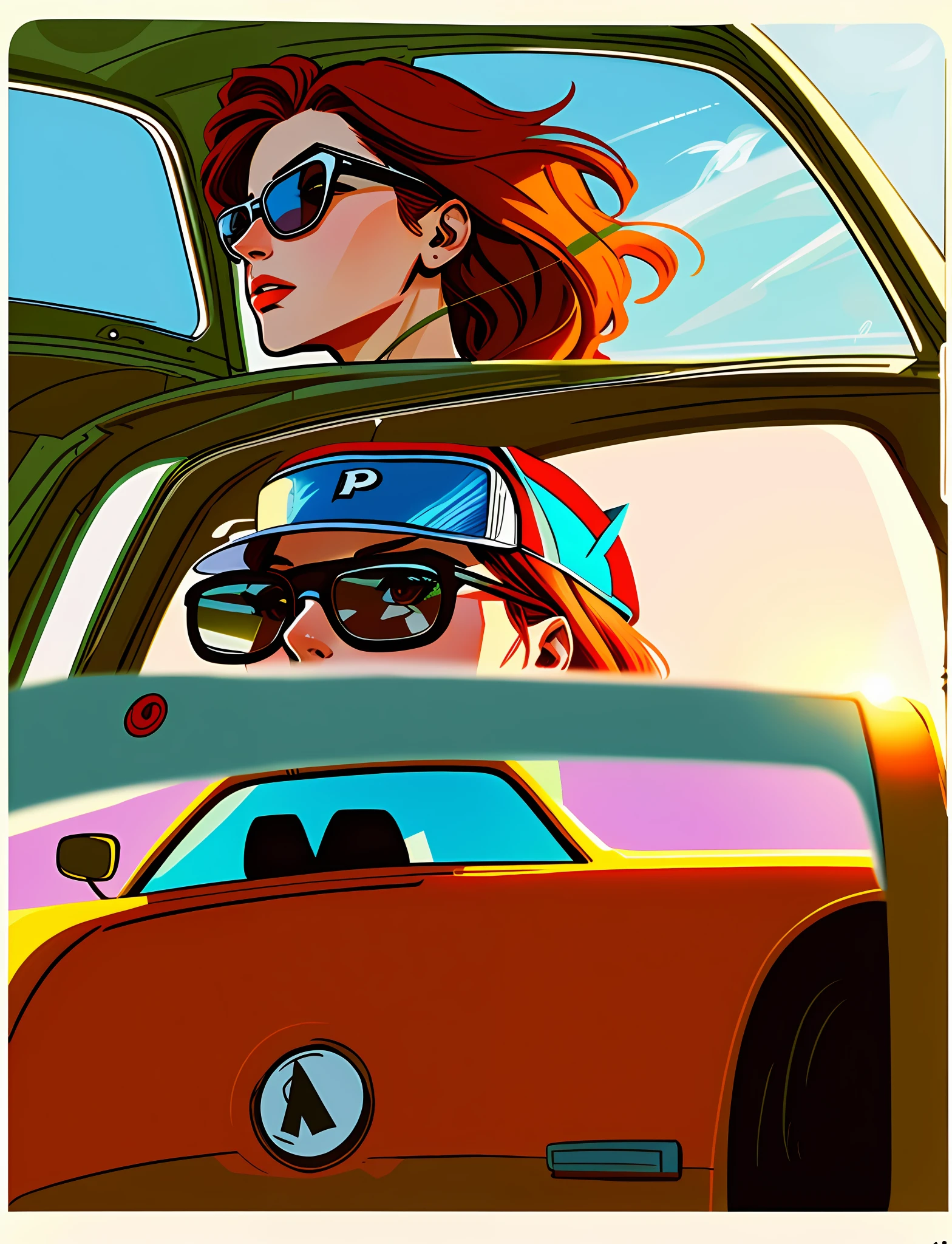 Illustration in comics, storyboard, sitting in her car, comic book, late afternoon scene, comic drawing, illustration, comic art, colorful art, redhead girl, wears cap and sunglasses, girl behind the wheel, sunglasses, wears white cap, masterpiece,8k, detailed,