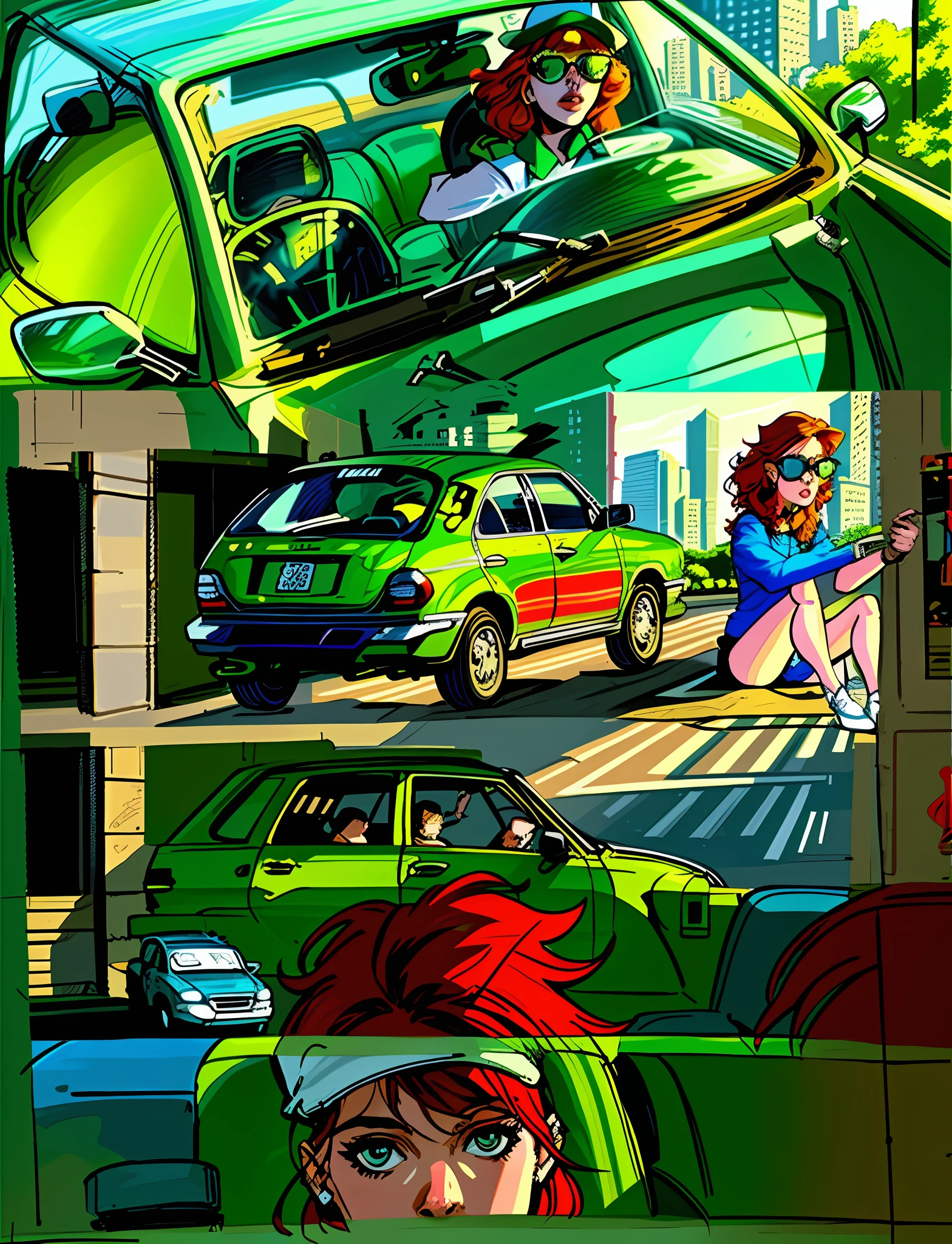 Illustration in comics, storyboard, sitting in her car, comic book, late afternoon scene, comic drawing, illustration, comic art, colorful art, redhead girl, wears cap and sunglasses, girl behind the wheel, sunglasses, wears white cap, masterpiece,8k, detailed,
