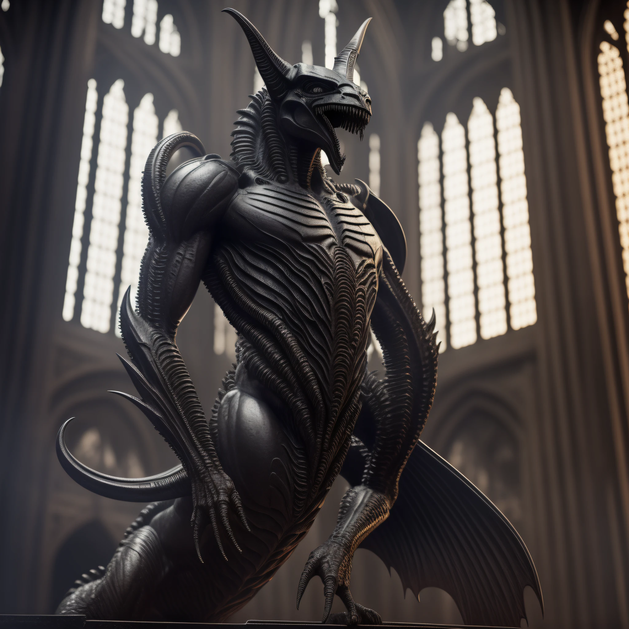 Gargoyle, Male, Gothic, nightmare, full body, attack pose, H. R. Giger, xenomorph, high detail, gothic art, hyperrealism, ray ray tracing, backlighting, film grain, UHD, masterpiece, anatomically correct, textured skin, super detail, high details, 8k, best quality, award-winning