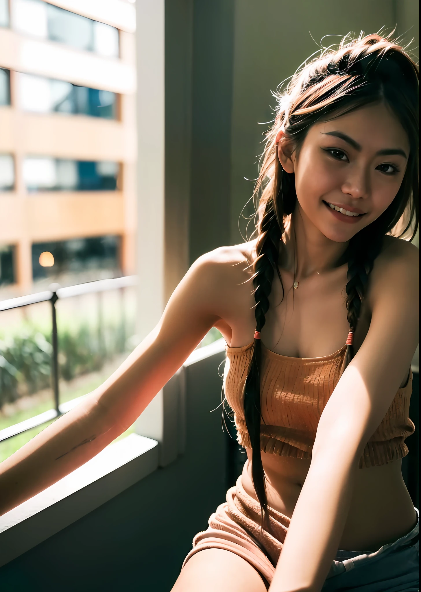 (8k, raw photo), film grain, ultra high res, ultra-detailed, (ultra skin details),incredibly absurdres, strong rim light, nude,Asian, slim girl, seductive smile, stare, small breasts, tattoo,  braided hair, ((light brown hair)), (photorealistic:1.3) [mature female], sunlight,1girl, instagram, outdoors, (black shirt), (((city))),(extremely detailed face)