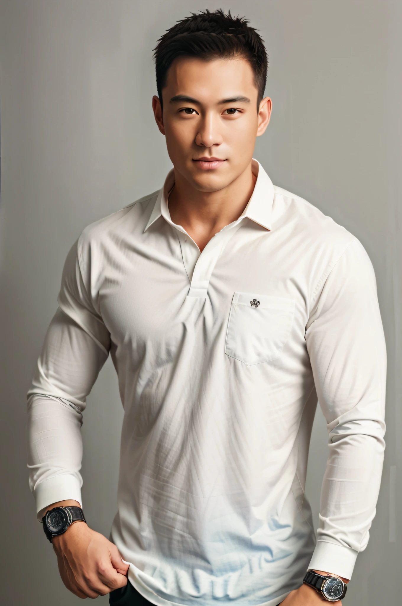 1man,
a 30 y.o muscular male wearing long-sleeve white shirt and tie, with a watch, upper body,
in camera studio with 3 flash, soft lighting,
masterpiece, best quality, 8k uhd, dslr, film grain, Fujifilm XT3 photorealistic painting art by midjourney and greg rutkowski