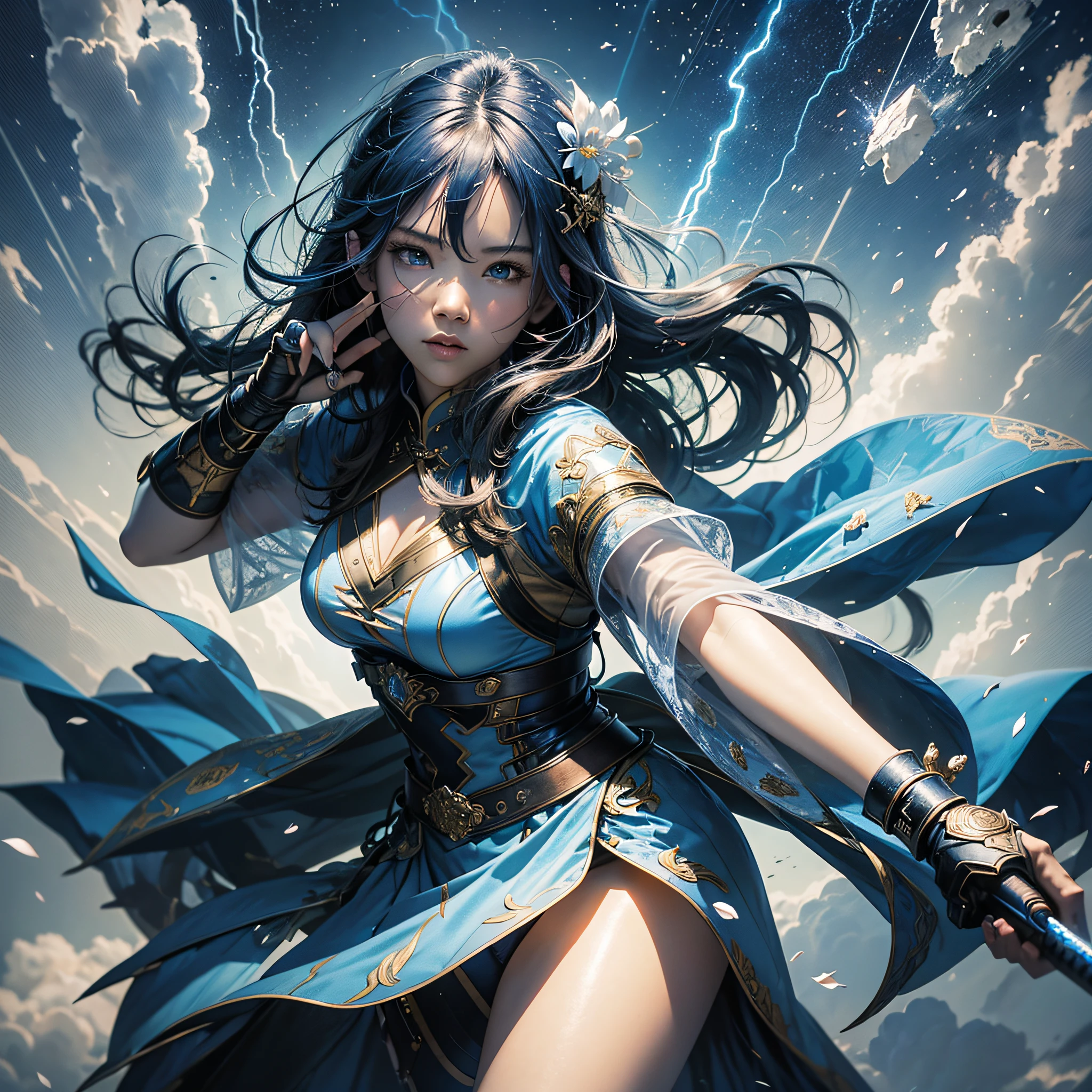 Dramatic sky, blue lightning Style: masterpiece, best quality, 8k, sharp focus, realistic, (detailed)), (dynamic pose), (good highlights), (perfect proportions), (dynamic), (complex), (complementary colors), good perspective, 1 young Chinese girl with a short sword in hand, dancing forward, floating out petals, --auto --s2