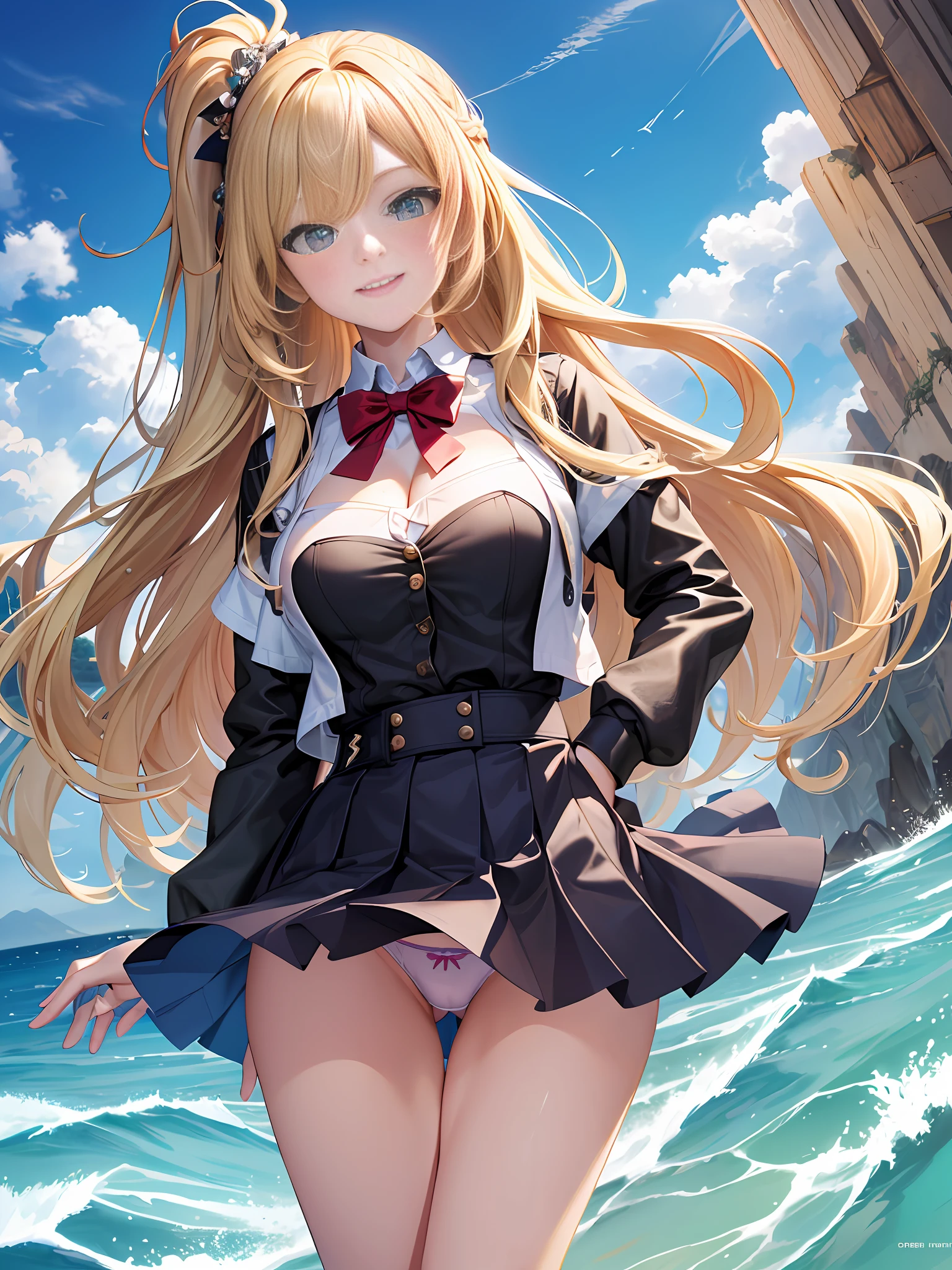 Masterpiece, Best Quality, Official Art, (Highly Detailed CG Unity 8k wallpaper), Detailed background, (Hands by Guido Daniele: 1.1), Feet out of frame, First person perspective, 1, Attractive and perfect beautiful woman, Schoolgirl, JK, schoolgirl uniform, summer, blue sky, wide sea, wind blowing, (((Flipping skirt, panties visible))), optimal ratio of 4 fingers and 1 thumb, (curvaceous) , ( White thighs: 1.12), ( Blonde long hair: 1.12), (Ahoge: 1.13), (High ponytail: 1.12), (Green eyes: 1.13), look at the beholder, big, (cleavage), beautiful face, (blush: 1.11), (smile: 1.11)
