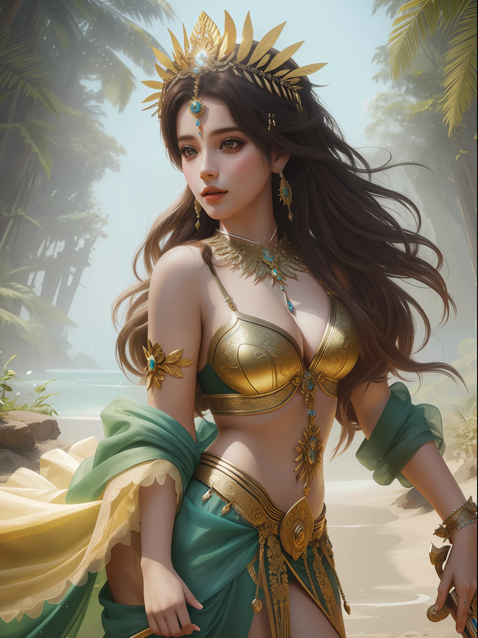 Brazil as a Goddess, 1girl, perfect composition, hyperrealistic, super detailed, 8k, high quality, trending art, trending on artstation, sharp focus, studio photo, intricate details, highly detailed