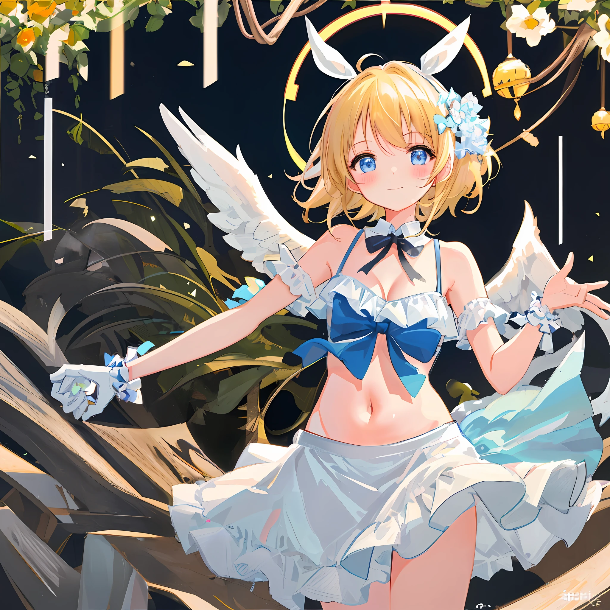 (((Masterpiece)))), (((Best Quality)))), (Illustration)))), (Ultra Detail)), (High Definition)))), One Girl, (Rin Kagamine), (Blush), (Embarrassing)), Cowboy Shot, Look Viewer, (White Bikini), Cute, Medium, Popular on pixiv, Loli, Beautiful Girl Anime Style, Buruaka Style, See-through, Cleavage, Most Popular on pixiv, Angel, Sleeveless, Navel visible, Innocent face, Pure white wings on the back, Character center, Circle of angels, One Girl, Official Fan Art, pixiv masterpiece, Smile, pixiv Top Rating, Lover's POW, Incredibly cute, Adorable, Precious, Adorable, Curvaceous, Attractive girl, White ribbon on head, I want to protect, Arouse possessiveness, Clear light blue eyes, Delicate hands, very beautiful face, approaching the subject, sweet gesture, heart in background, short hair, bright eyes, love love, dating viewer, blonde, idol class beautiful girl, hugging gesture, reaching for me, best moment, want to hug me, don't want to give it to anyone, devilish charm, angel that carries happiness, innocence, does not know dirt, sister attribute, loli around 14 years old, loves viewers ,Naked waist circumference,Cute navel,Pure white fluffy bikini,Pure white fluffy swimsuit