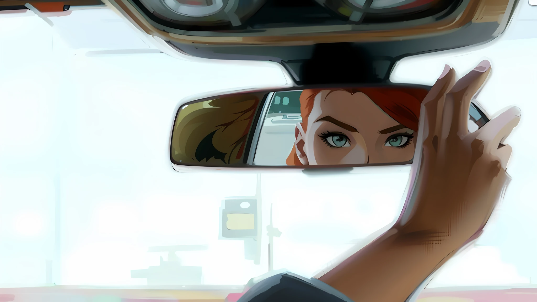 Reflection of urban girl in car mirror, Comic Illustration, Storyboard, Sitting in Her Car, Comic Book Page, Late Afternoon Scene, Comic Drawing, Illustration, Comic Art, Colorful Art, Redhead Girl, Wears Cap and Sunglasses, Girl at the Wheel, Urban Girl Fanart