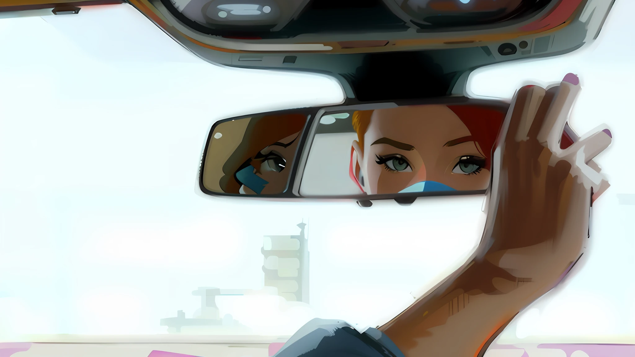 Reflection of urban girl in car mirror, Comic Illustration, Storyboard, Sitting in Her Car, Comic Book Page, Late Afternoon Scene, Comic Drawing, Illustration, Comic Art, Colorful Art, Redhead Girl, Wears Cap and Sunglasses, Girl at the Wheel, Urban Girl Fanart