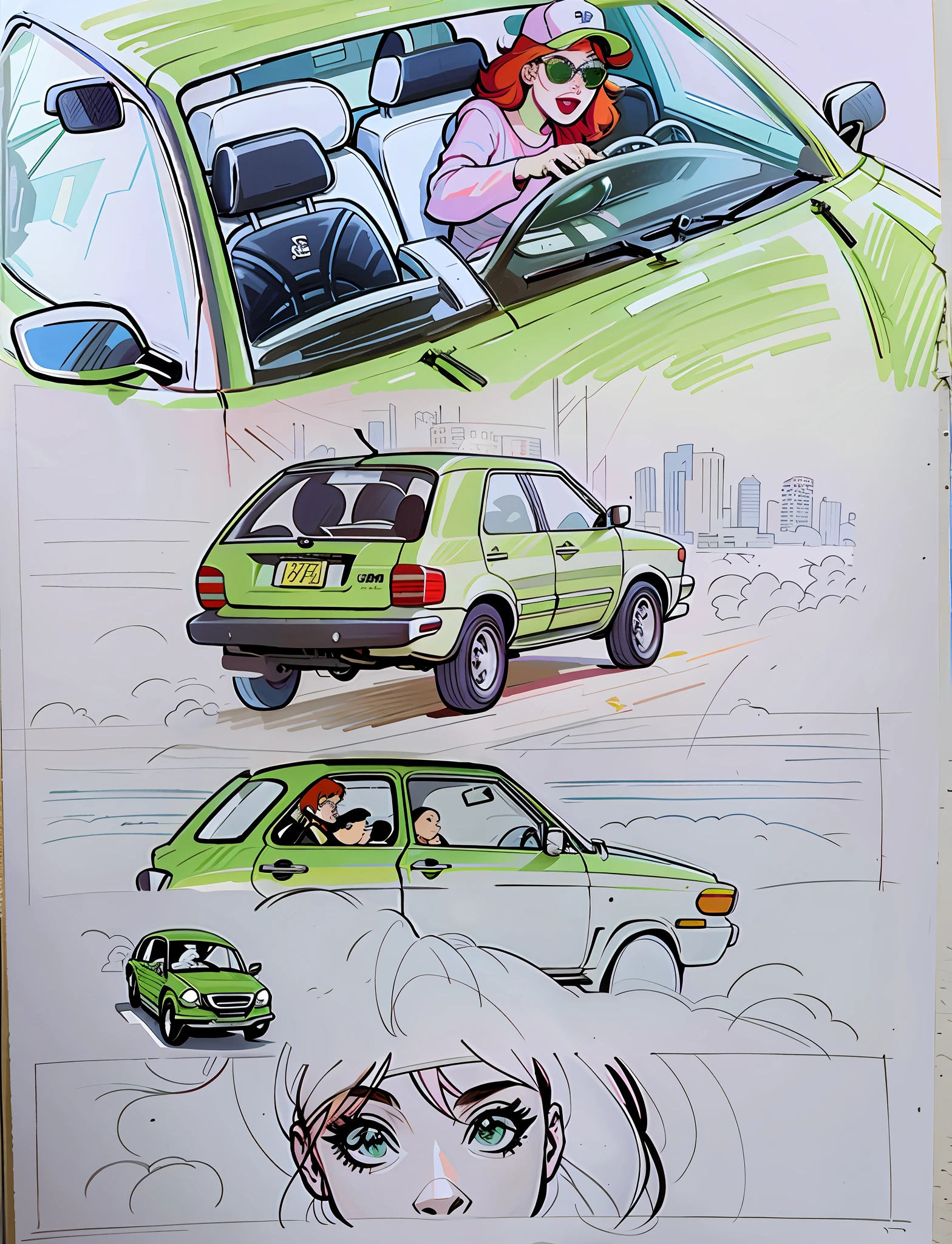 Art of a car, a green car driving on an avenue, metropolitan avenue, comic drawing, color art, color illustration, comic art, colorful art, red-haired girl, wears cap and sunglasses, girl behind the wheel, urban girl fanart, reflection of urban girl in car mirror, comic illustration, storyboard, sitting in her car, comic page,  late afternoon scene,