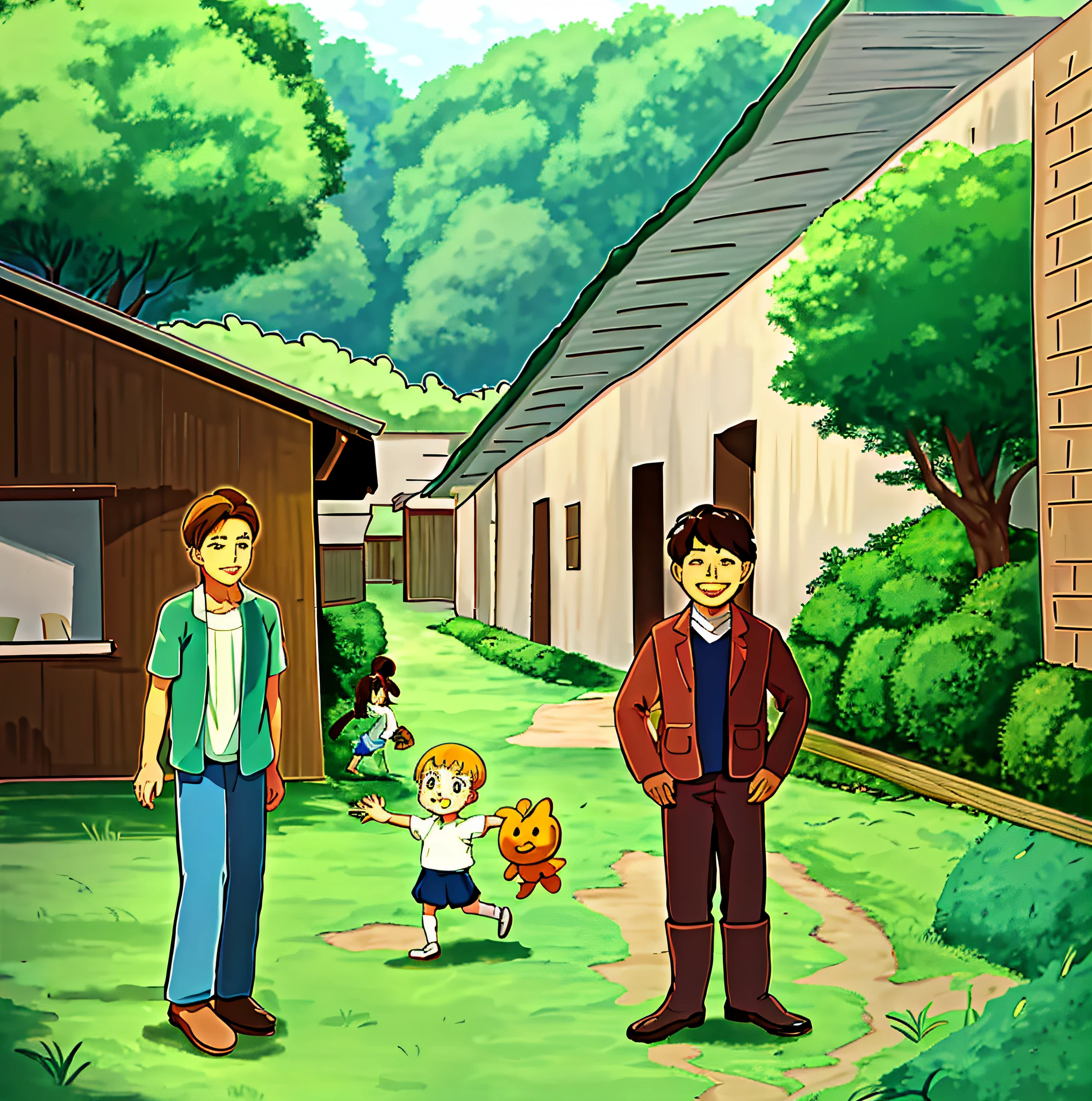 In the Ghibli anime style, a man, a woman and a child stand in the farm around the village as they walk through the fields to the outside of a house. Please use Chizuko Yoshida's style as a basis to show a mixture of Ghibli anime style and Japanese anime style.