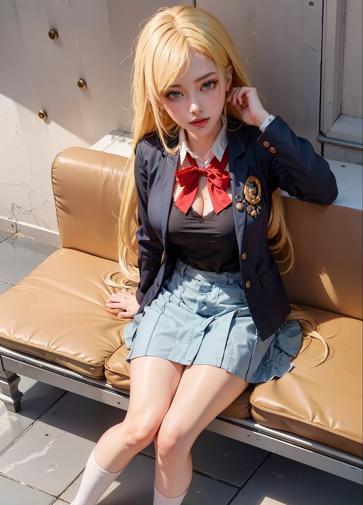 Best quality, masterpiece, big boobs, (large breasts), detailed skin texture, detailed cloth texture, detailed face, super detail, 8k, intricate detail, 1girl, yellow hair