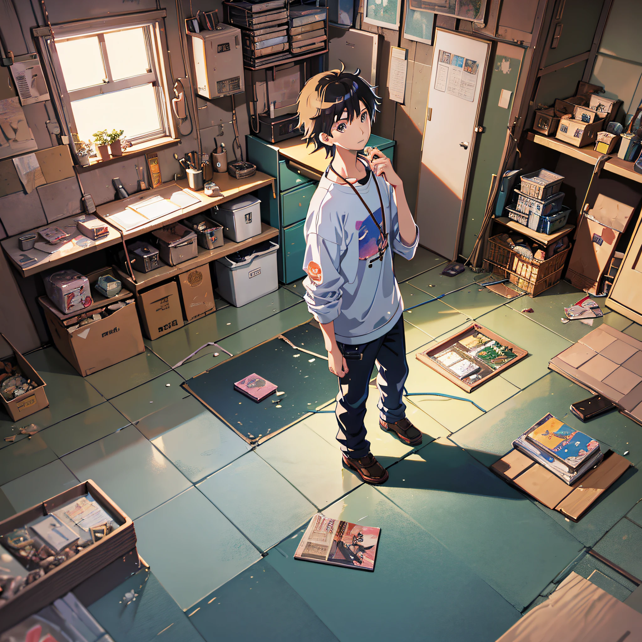 There is a man standing in a room with a lot of garbage, digital anime illustration, Makoto Shinkai. Digital rendering, realistic anime 3D style, digital art in anime style, Loepfe portrait, modern anime style, lofi illustration style, young anime people, old house --auto --s2