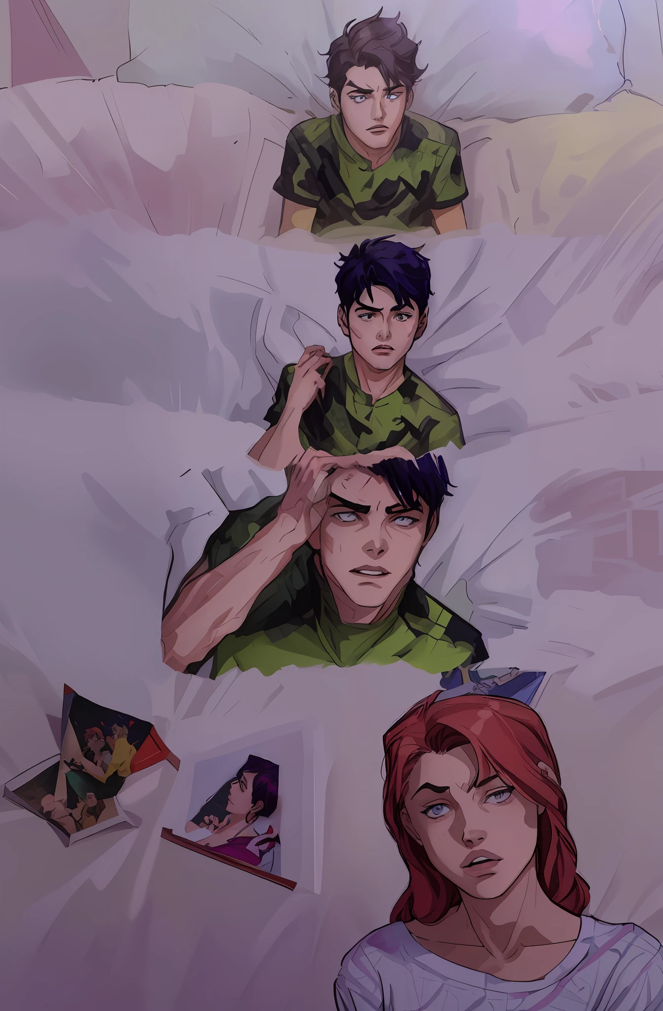 there are four different pictures of a man and a woman laying in bed, jojo anime style, high quality fanart, inspired by Shingei, by Shingei, fan art, official fanart, anime lush john 8k woods, neon genesis evangelion fanart, detailed fanart, made with anime painter studio, evangelionic illustration, highly detailed exquisite fanart