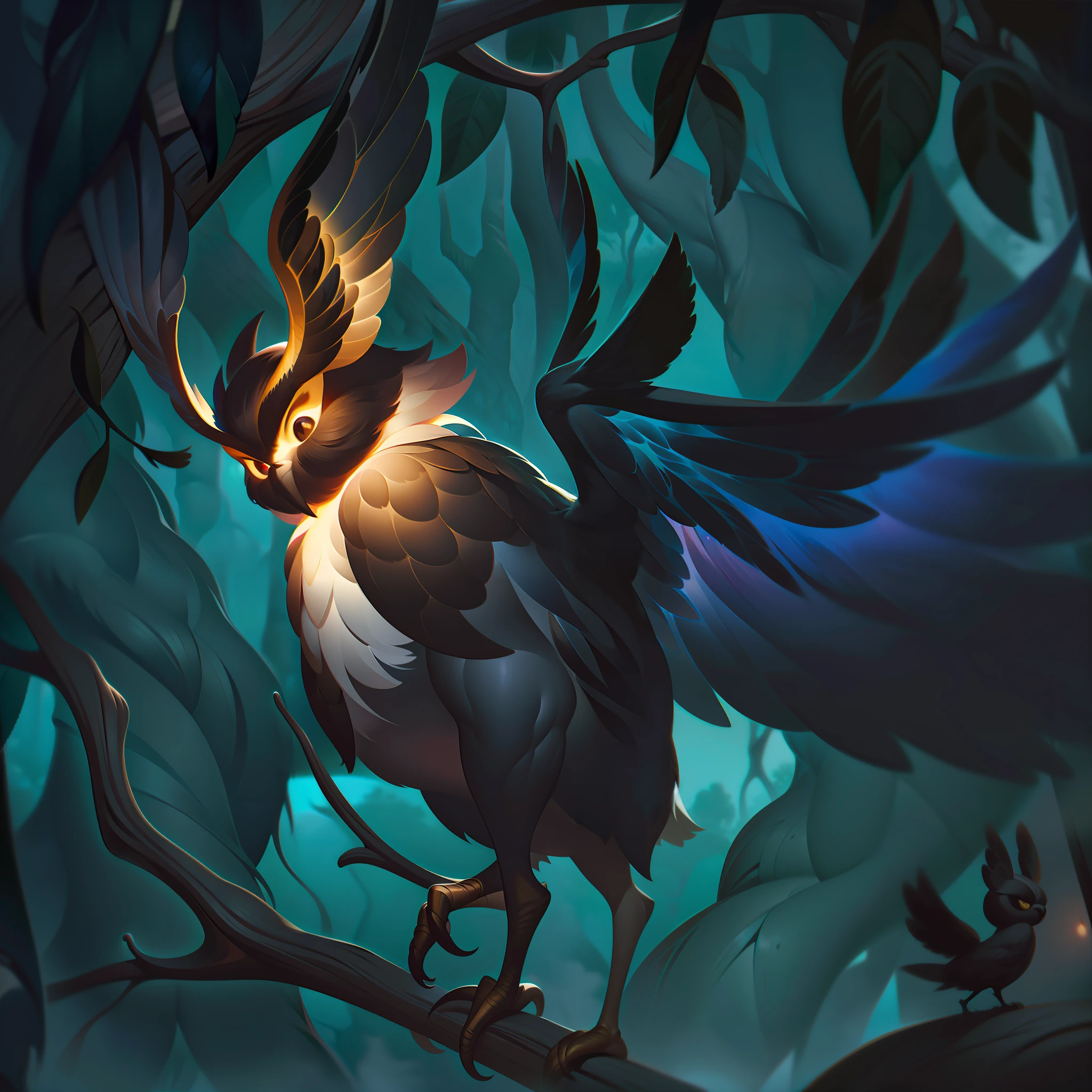 Ticou, the Nightwing Yordle, is portrayed in their splashart as a mysterious and graceful yordle, gifted with the ability to soar through the night sky like an owl. The scene is set against the backdrop of a moonlit forest, where Ticou's nocturnal prowess and wisdom shine.
Ticou is depicted with an elegant and slender yordle physique, exuding an air of serenity and wisdom. Their eyes, gleaming with intelligence, mirror the depth and enigma of the night. Their hair is styled in wisps, resembling feathers, while elongated ears hint at their nocturnal nature.
Ticou's wings, resembling those of an owl, span wide and majestically. The feathers are intricately designed, with soft and muted tones that blend seamlessly with the moonlit surroundings. The wings are held in a poised position, capturing the moment just before takeoff, showcasing Ticou's ability to effortlessly navigate the night skies.
The splashart conveys a sense of calm and tranquility, with Ticou perched on a branch against the moonlit forest. The branches are adorned with leaves and delicate flora, enhancing the natural atmosphere. Moonlight filters through the canopy, casting a soft glow upon Ticou and their surroundings.
The color palette is primarily composed of cool tones, with muted blues and grays dominating the scene. The moonlight casts a silvery glow, accentuating Ticou's presence and adding an ethereal quality to the artwork. The contrast between light and shadow creates a visually captivating composition, emphasizing the nocturnal nature of Ticou, splashart, linhas de corpo, cores vibrantes, detalhes requintados, cinematográfico, artstation, rosto detalhado, por rossdraws, por Kienan Lafferty