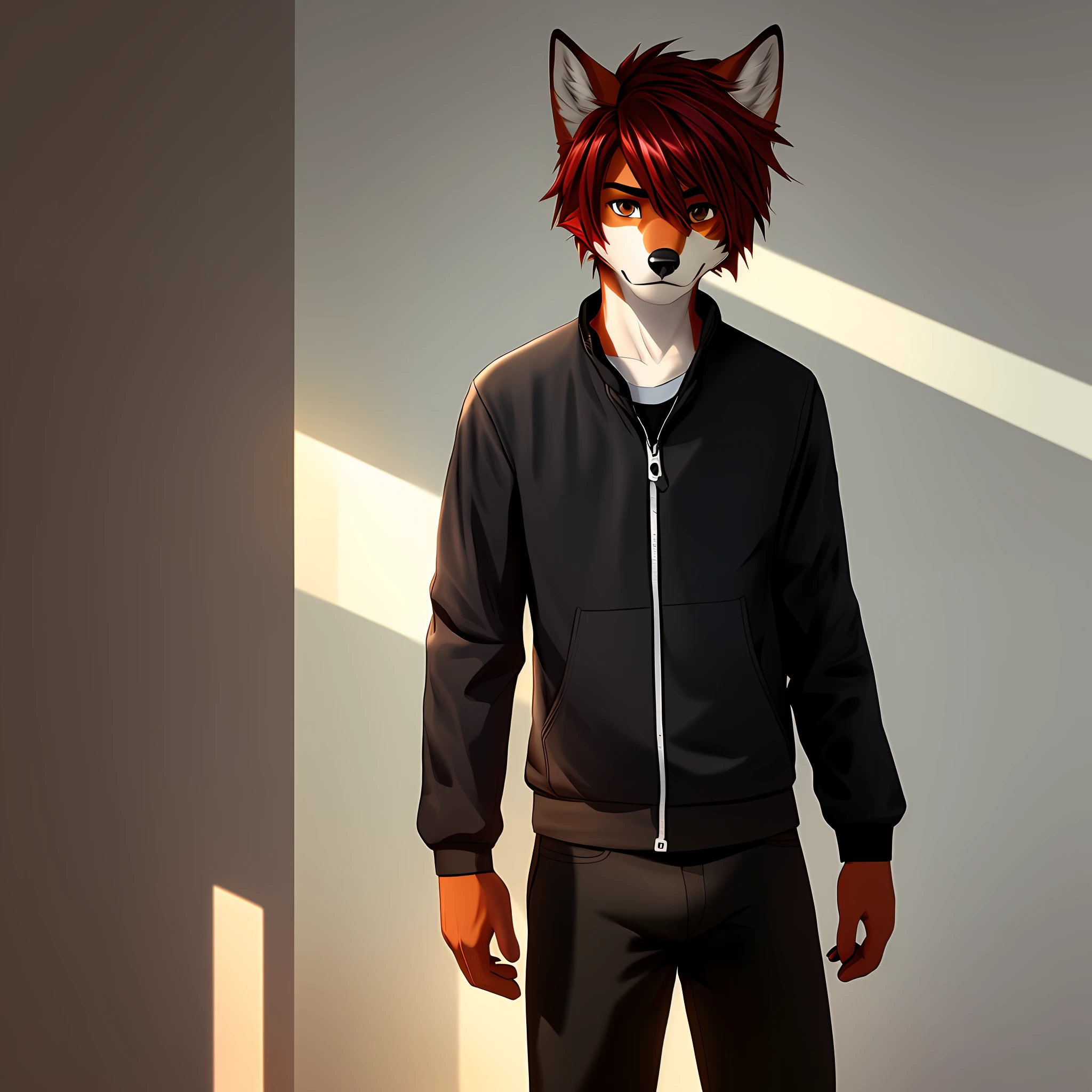 anthro, red wolf, 1boy, bulge, black collared clothing, detailed clothing, soft light, great lighting, black hair, brown eyes, strong red hair, dark red hair, hairstyle, solo, only one character, only one person, only one, no group, no double