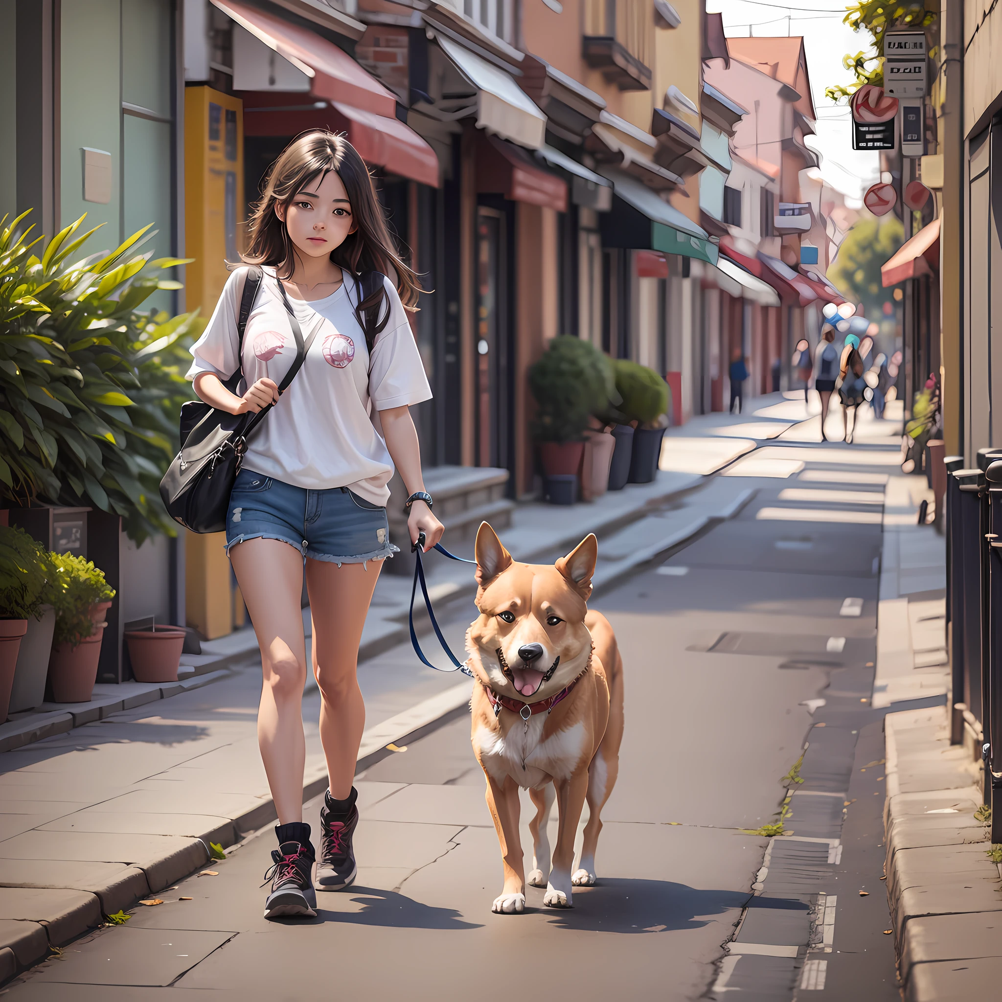 a girl walking her dog in the street --auto --s2