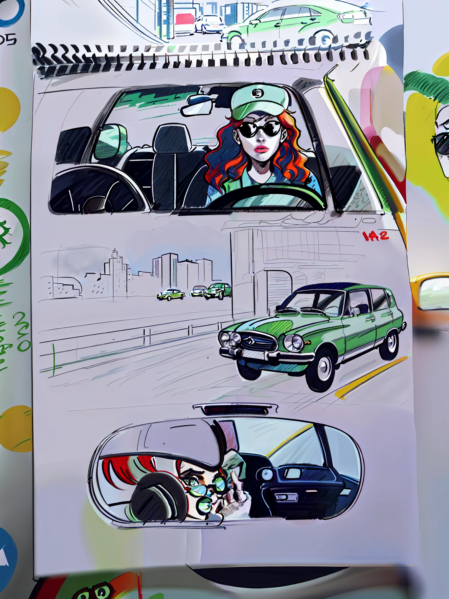 Art of a car, a green car driving on an avenue, metropolitan avenue, comic drawing, illustration, comic art, colorful art, red-haired girl, wears cap and sunglasses, girl behind the wheel, urban girl fanart, reflection of urban girl in car mirror, comic illustration, storyboard, sitting in her car, comic book page, late afternoon scene,