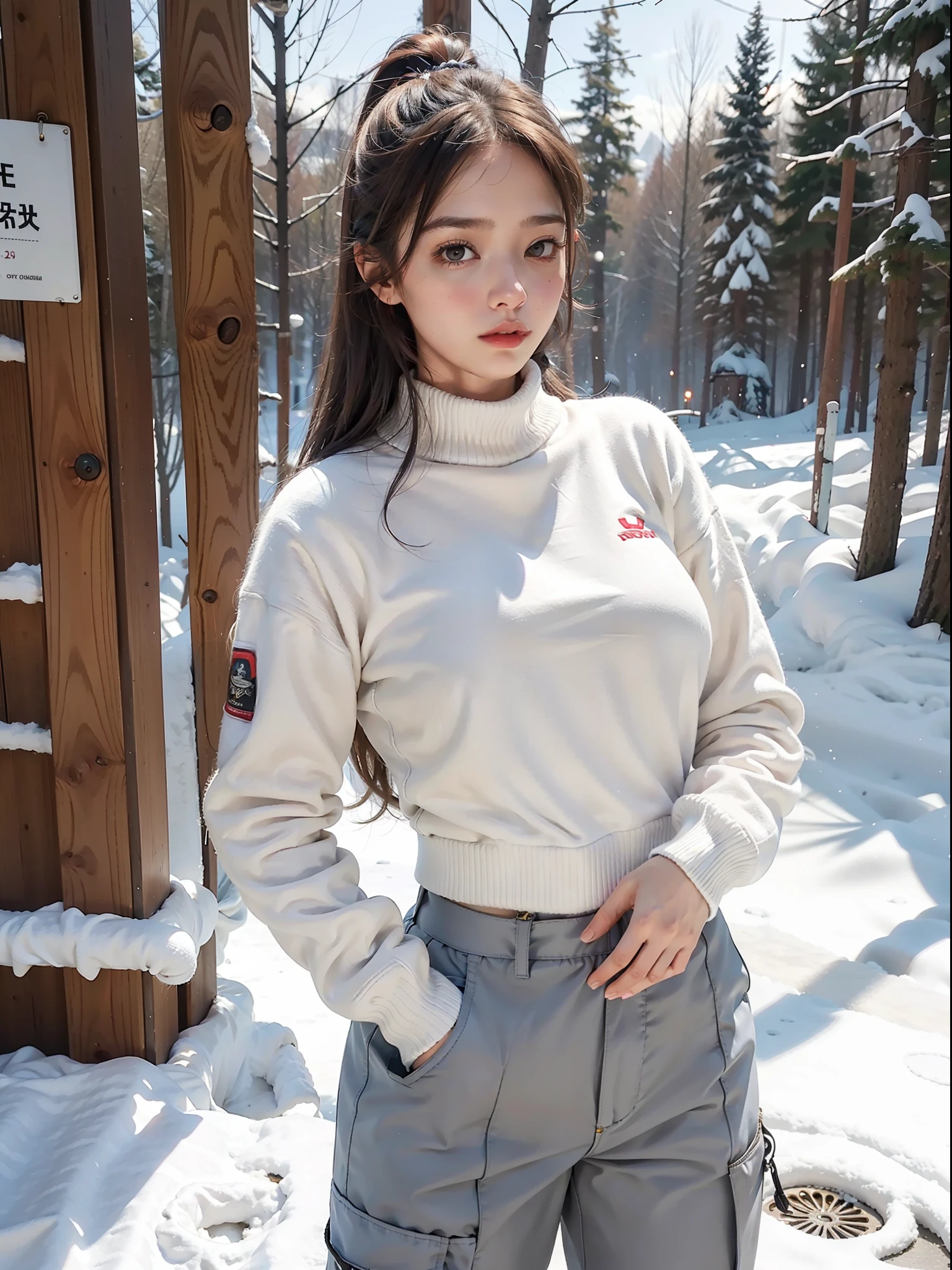 (female: 1.2), (large breasts: 1.2), (mullet head), (white sweater, down jacket), (trousers), (winter clothes),