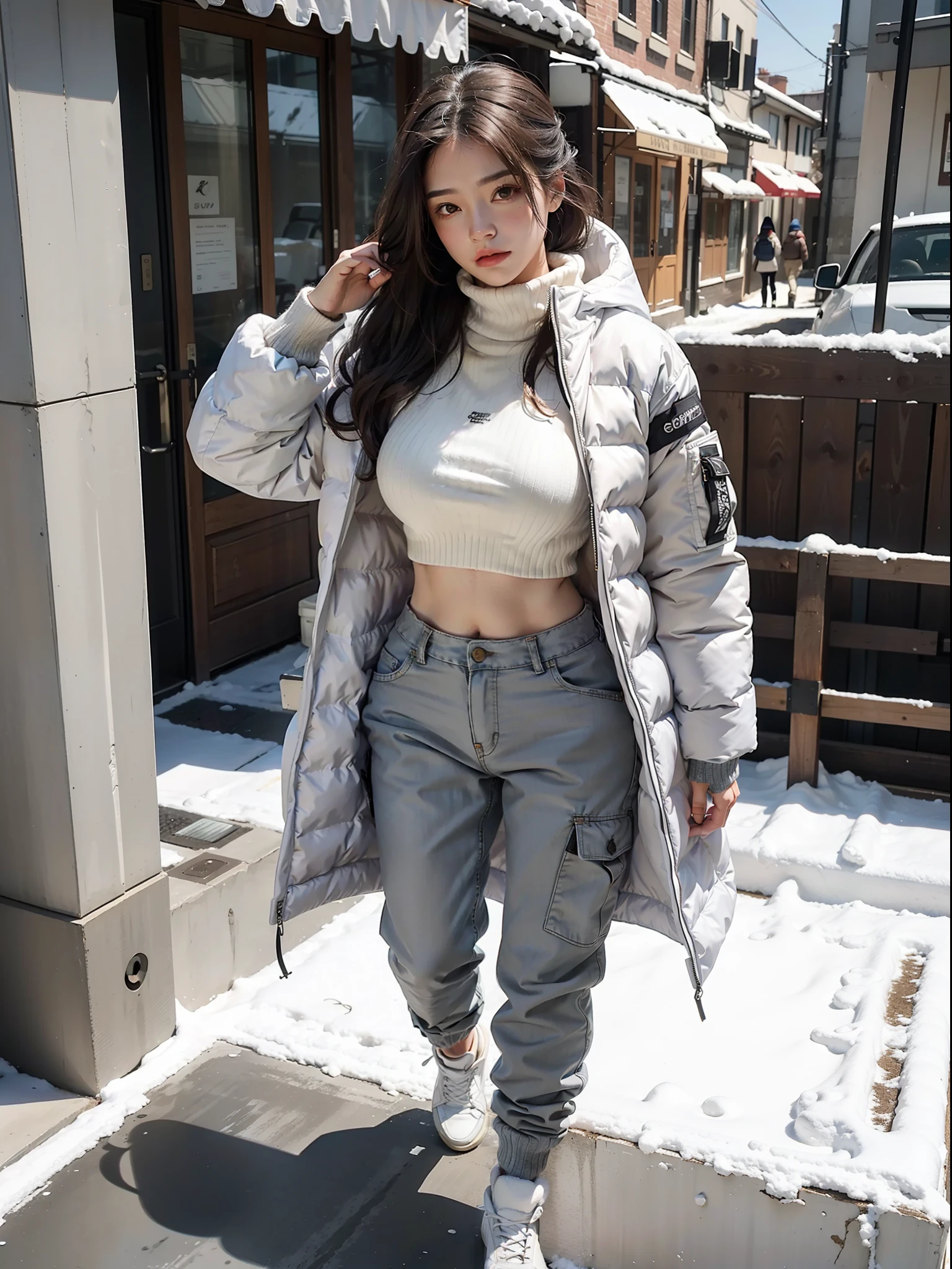 (female: 1.2), (large breasts: 1.2), (mullet head), (white sweater, down jacket), (trousers), (winter clothes),